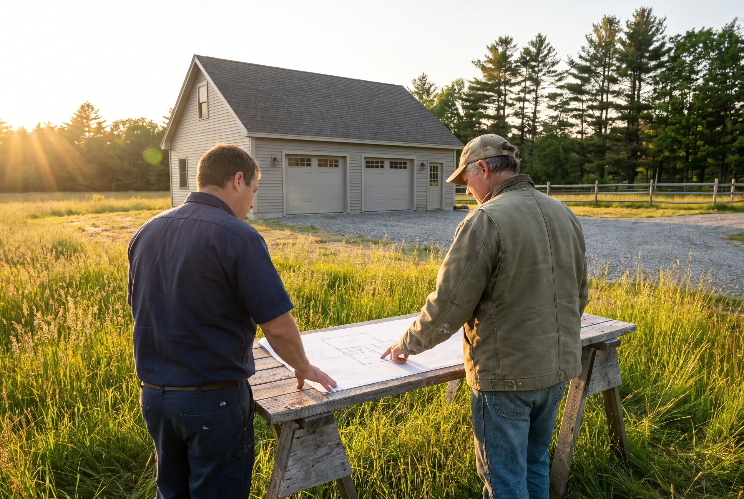 Detached three-bay garage in Monmouth, Maine: Two men review blueprints at a table in a grassy field with a white-sided garage with dark roof in the background at sunset.
