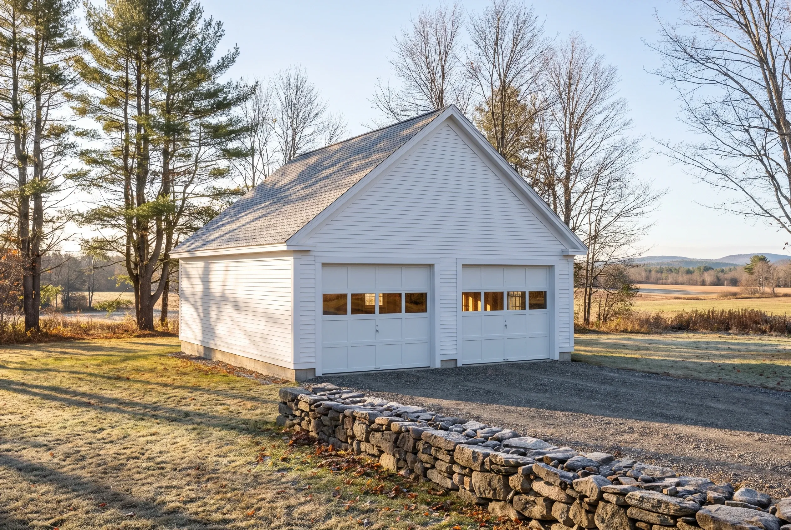 Detached two-bay garage in Monmouth, Maine: White vinyl-sided garage with dark roof and two garage doors featuring windows, situated on gravel driveway beside stone wall in rural setting with bare trees and fields.