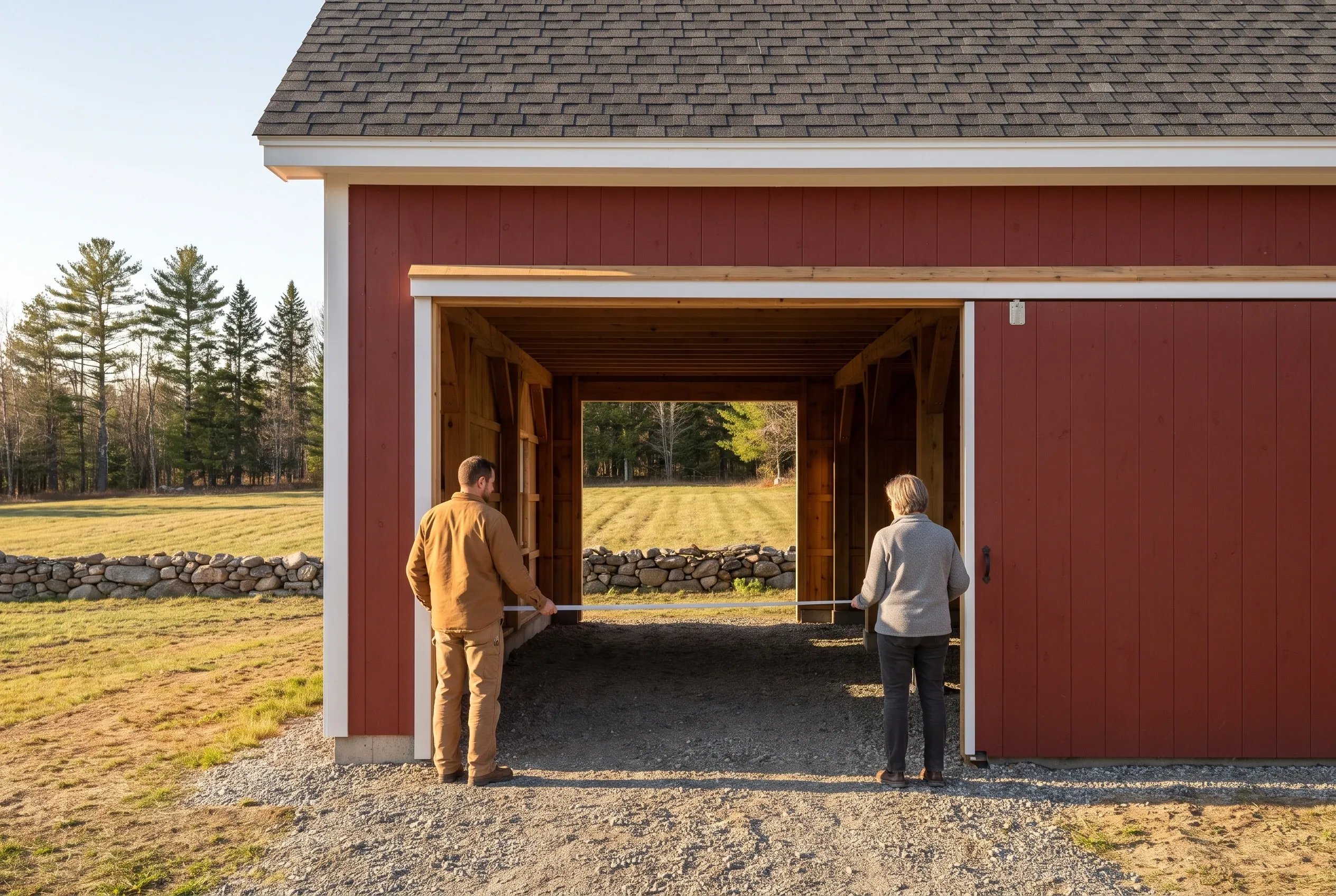 Two-bay garage in Monmouth, Maine: Red sided garage with white trim and gray shingle roof. Two people standing in open garage bays looking out toward fields and evergreen trees.
