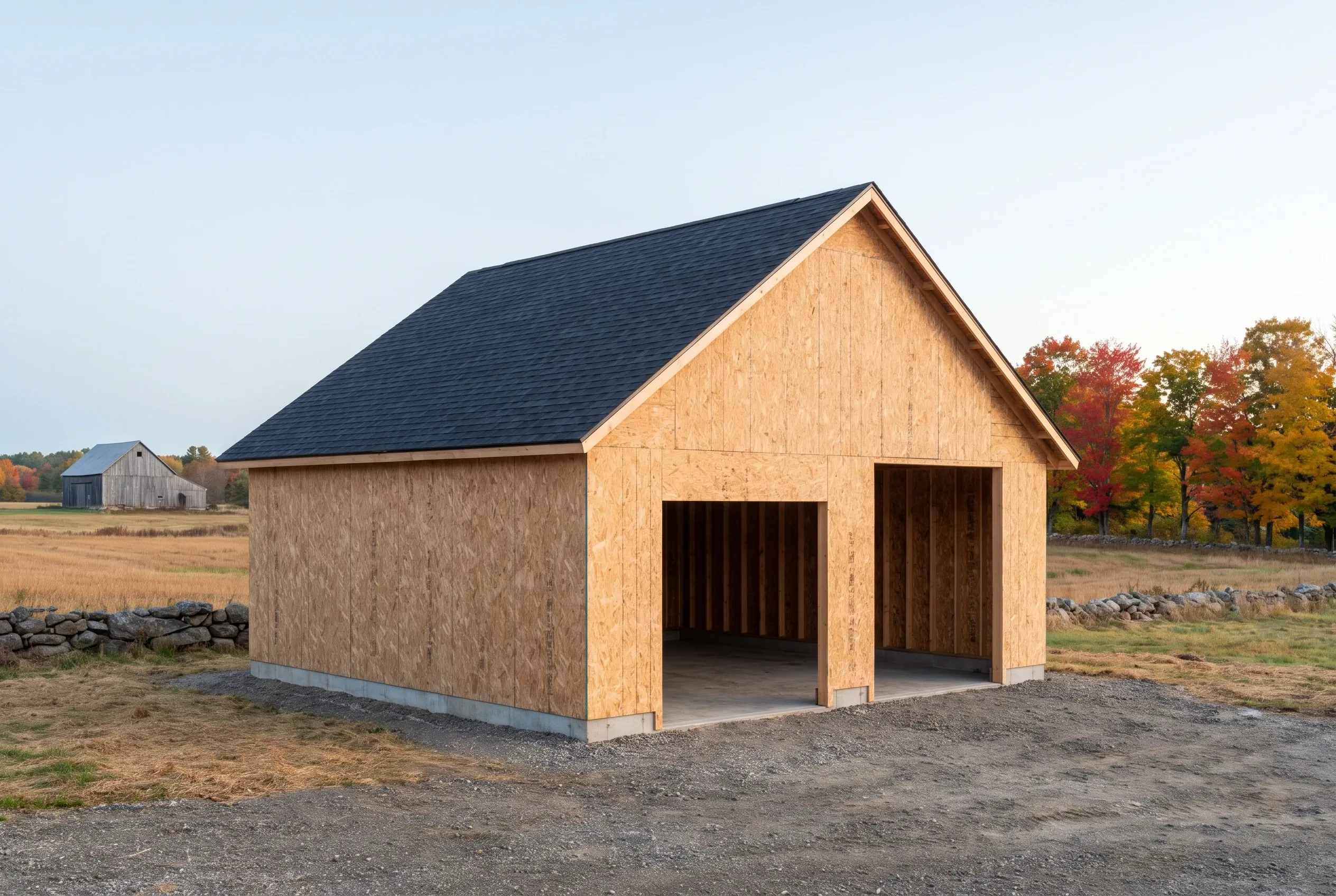 Two-bay garage in Monmouth, Maine: New wooden garage with two open bays, OSB sheathing, dark asphalt roof, concrete foundation, set in rural field with autumn trees and stone wall in background.