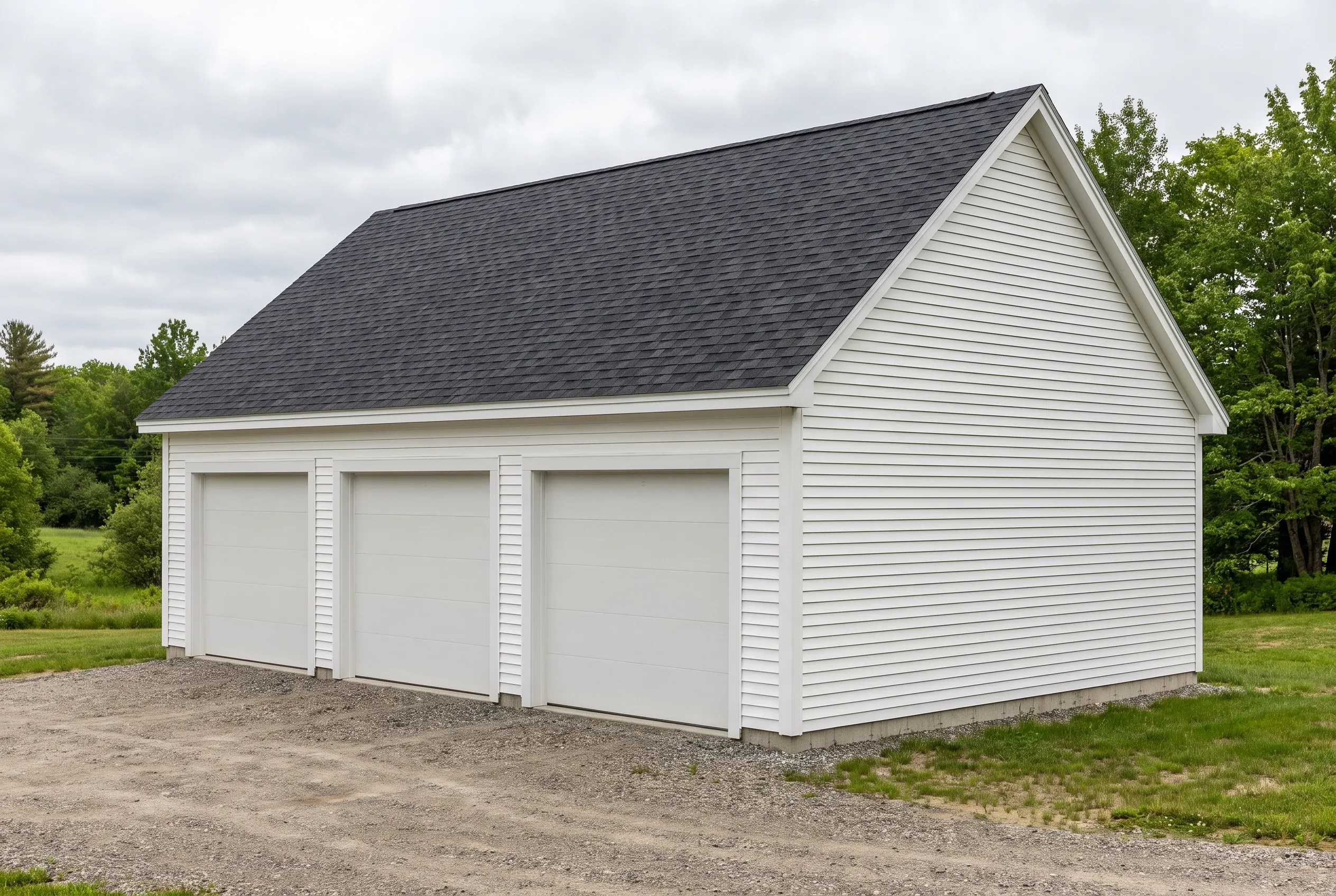 Three-bay detached garage in Monmouth, Maine: White vinyl siding garage with dark gray asphalt shingle roof, situated on gravel driveway with green grass and trees in background.