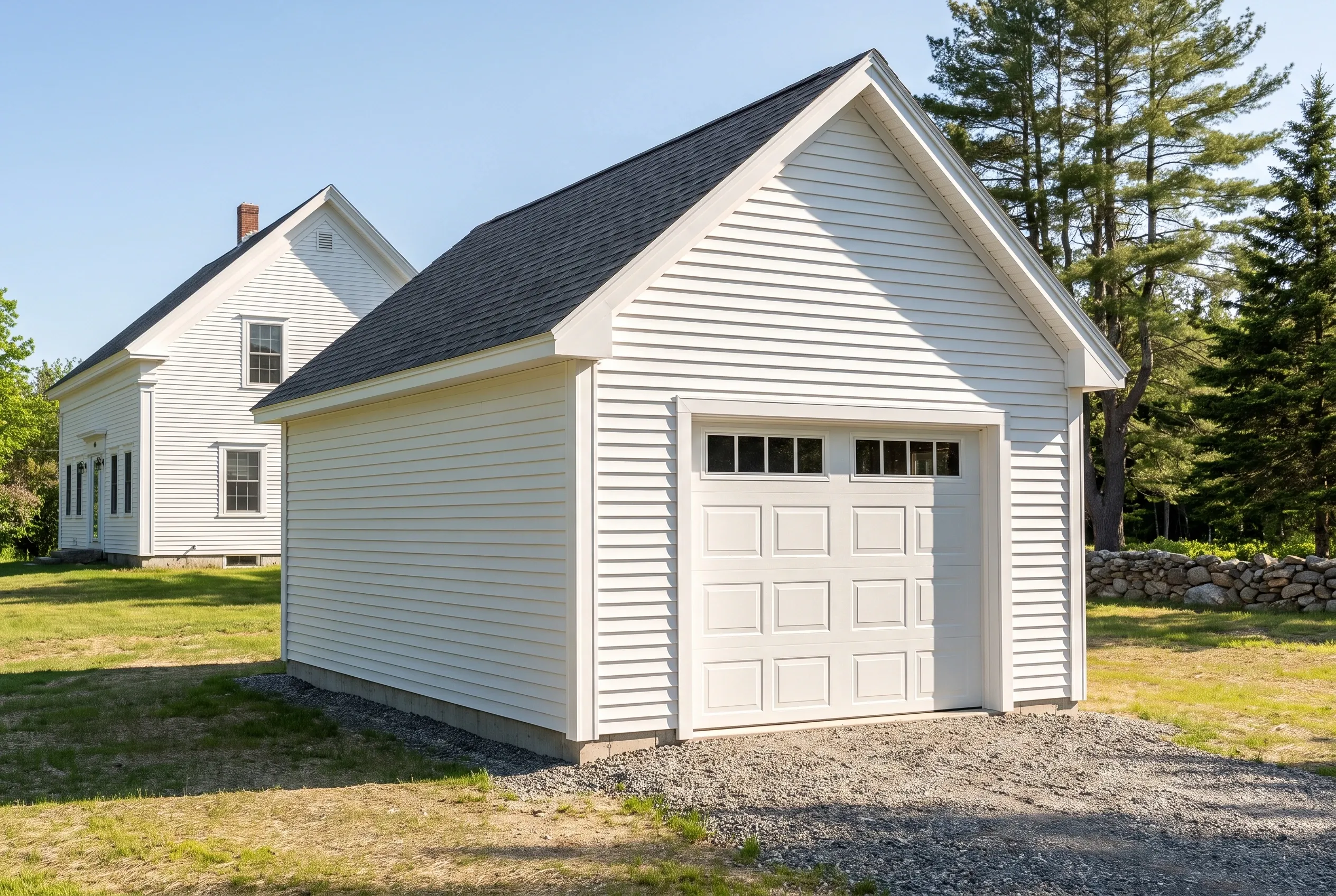 Detached two-bay garage in Monmouth, ME: White vinyl-sided garage with dark roof and white garage doors in front of a white farmhouse, surrounded by evergreen trees and grass.