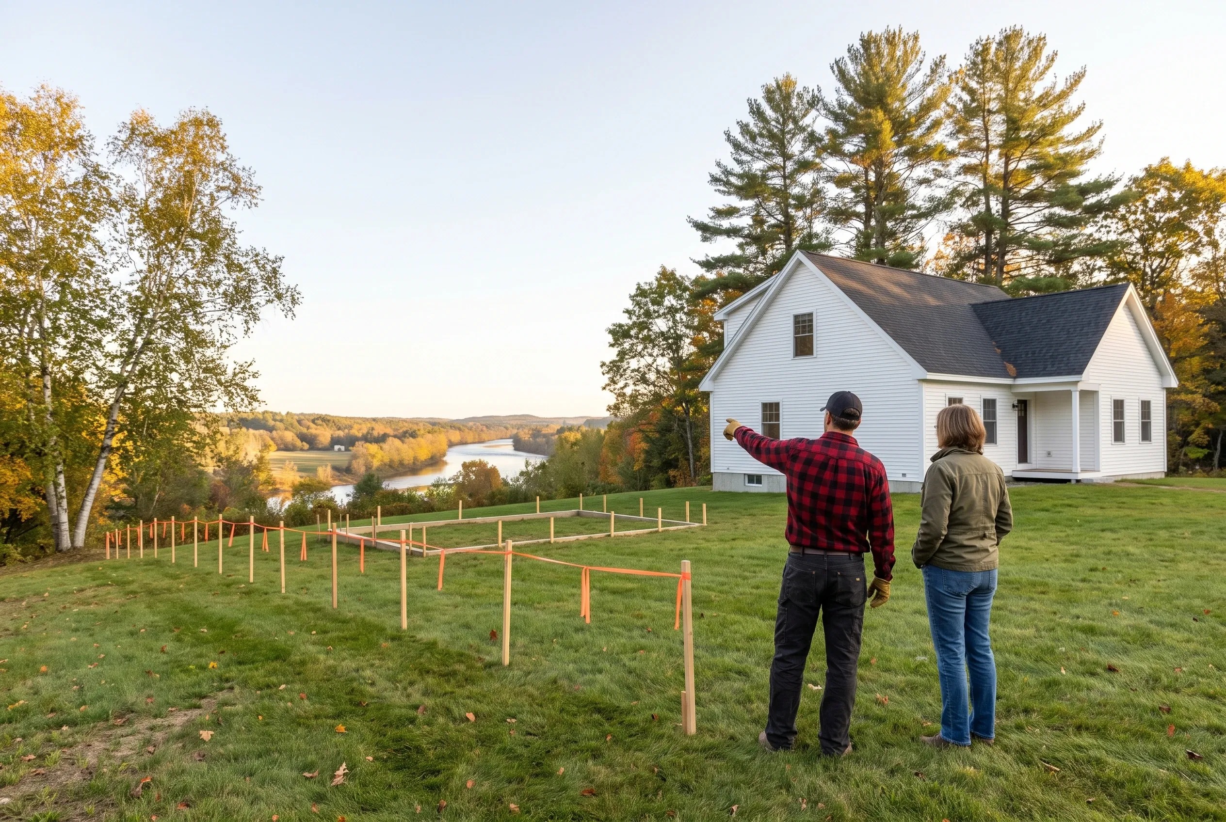 Garage site layout in Pittston, ME: two people beside a staked garage footprint next to a white house, with the river valley below