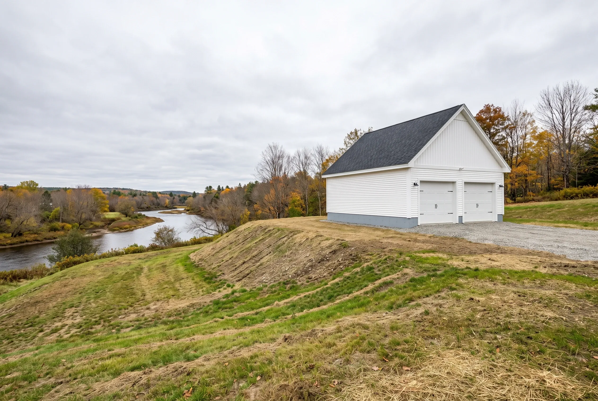 Detached two-bay garage in Pittston, ME: White two-bay garage with dark roof on gravel driveway beside river and autumn trees, no people visible.