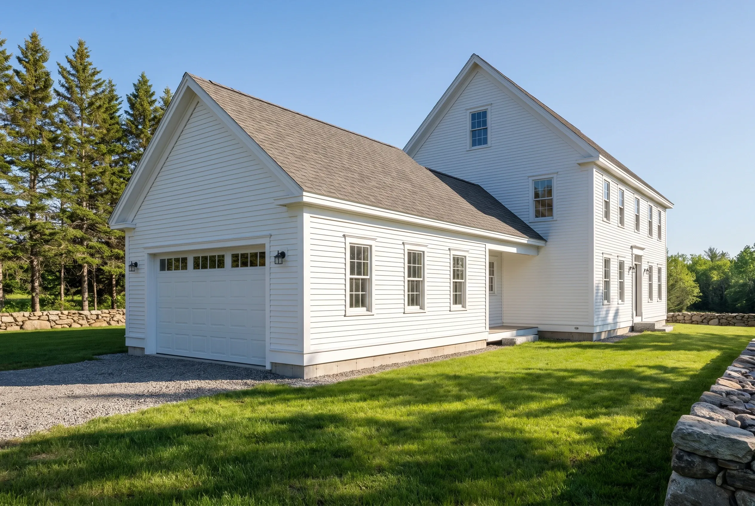Two-bay detached garage in Pittston, ME: White vinyl-sided garage with shingled roof, attached to a white farmhouse, surrounded by green lawn and evergreen trees.