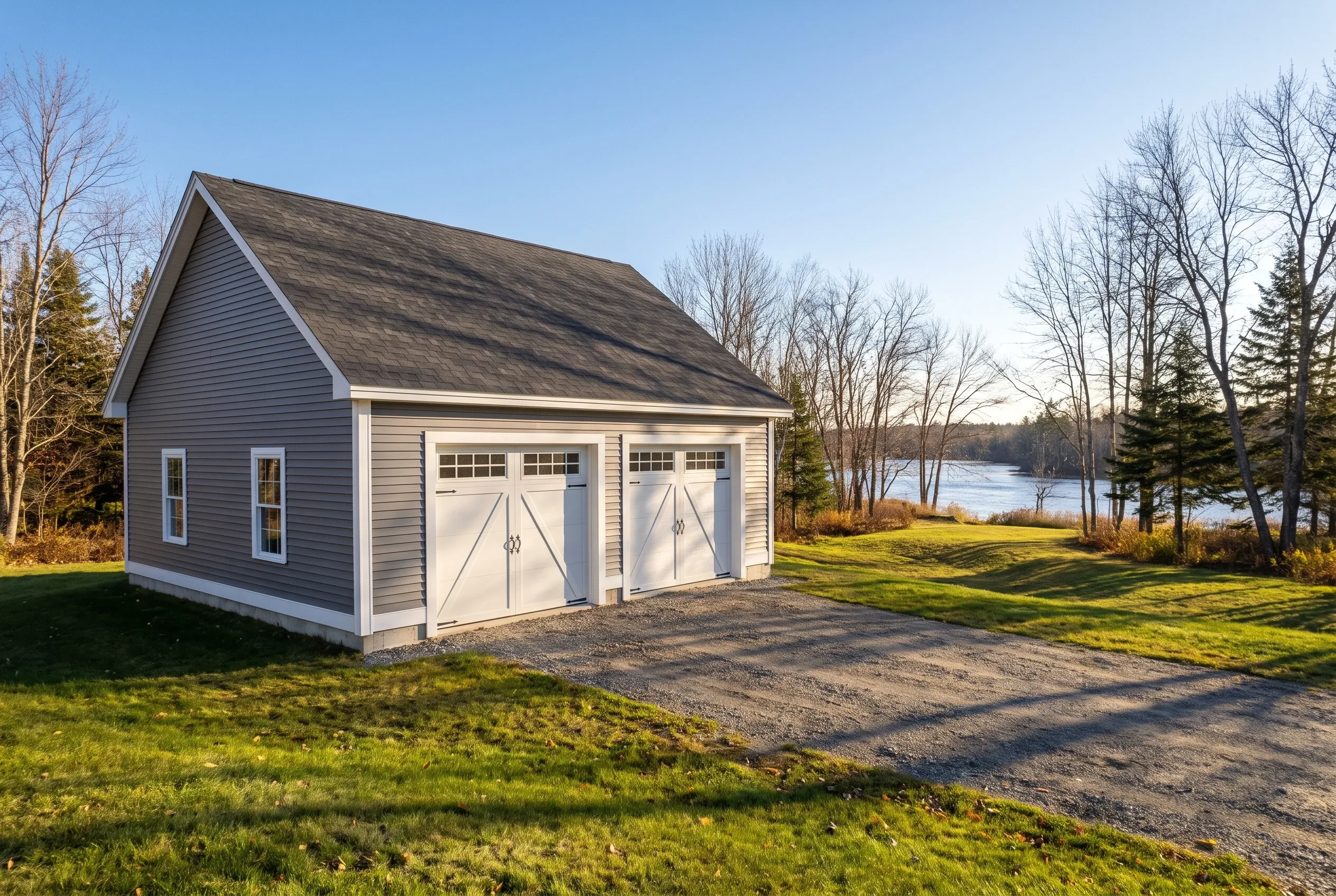 Garage builders in Pittston, ME: Two-bay garage with gray vinyl siding, white trim, and dark shingle roof beside a lake with bare trees.