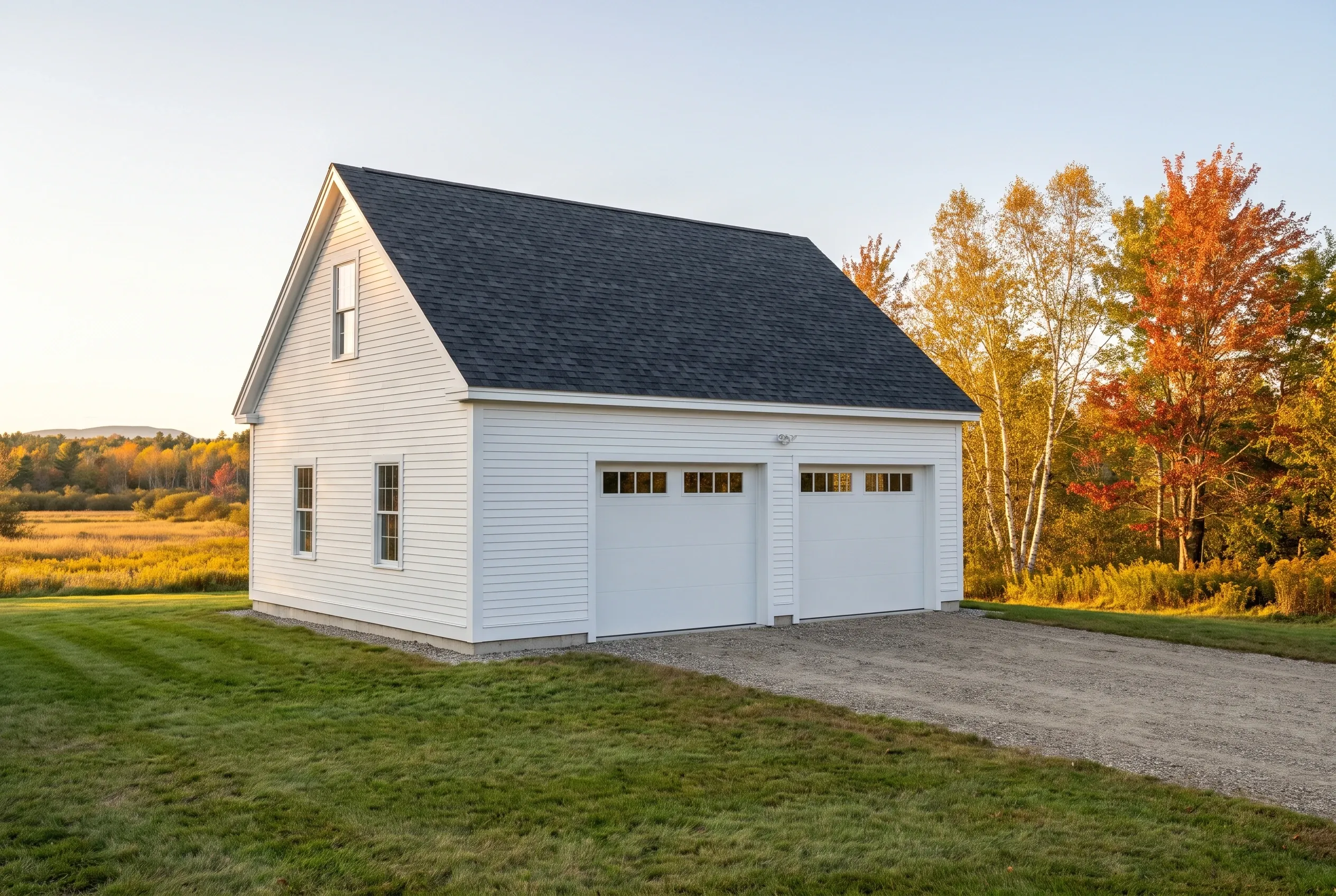 Two-bay detached garage in Pittston, Maine: White vinyl sided garage with dark asphalt shingle roof, two white garage doors, gable roof and upper window, surrounded by autumn trees and grass driveway.