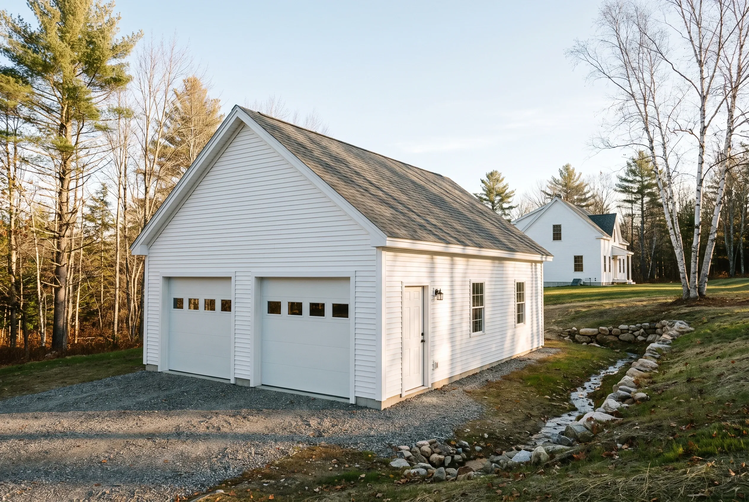 Detached two-bay garage in Pittston, ME: White vinyl-sided garage with dark asphalt shingle roof, two overhead doors, small entrance door, and side window, situated on gravel driveway surrounded by bare and evergreen trees and a stone-lined stream.
