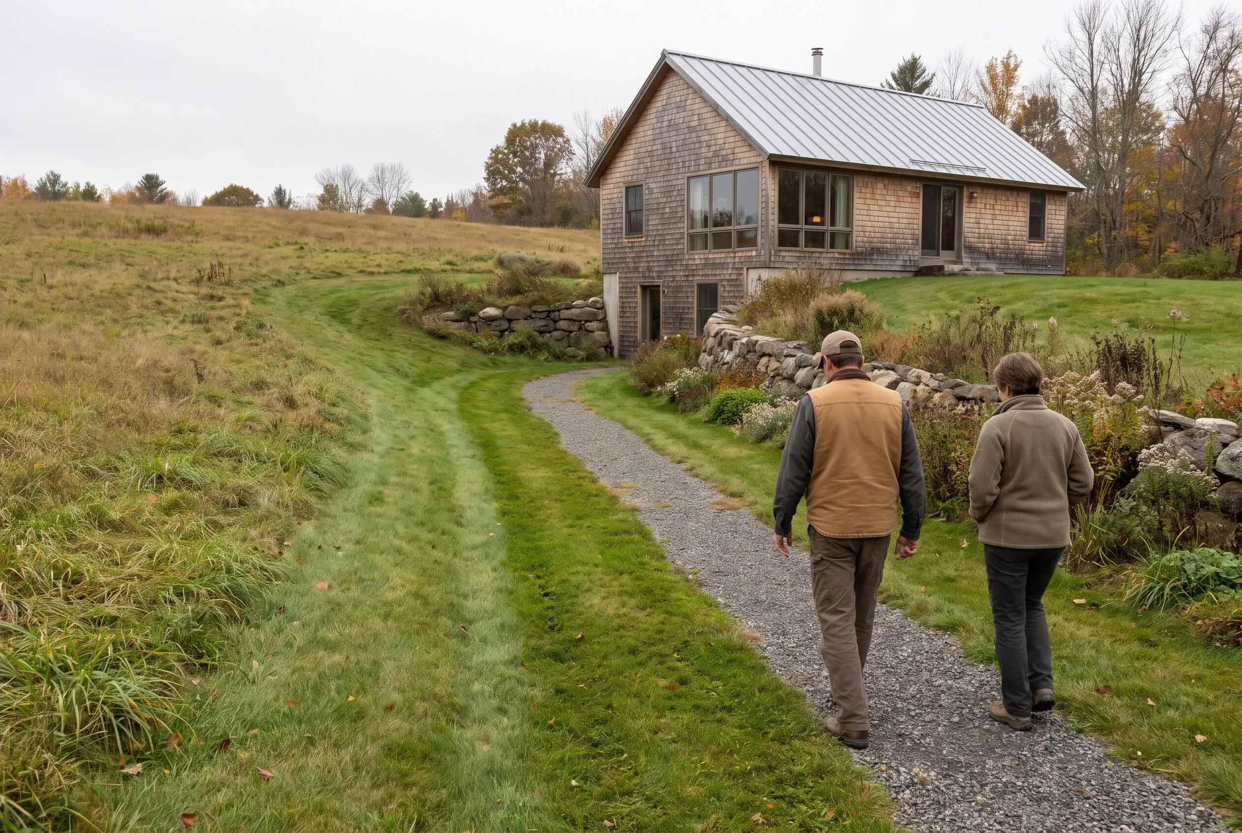 Detached single-bay home in Pittston, Maine: Two people walk on a gravel path toward a wood-sided house with metal roof in a rural setting with stone walls and autumn trees.