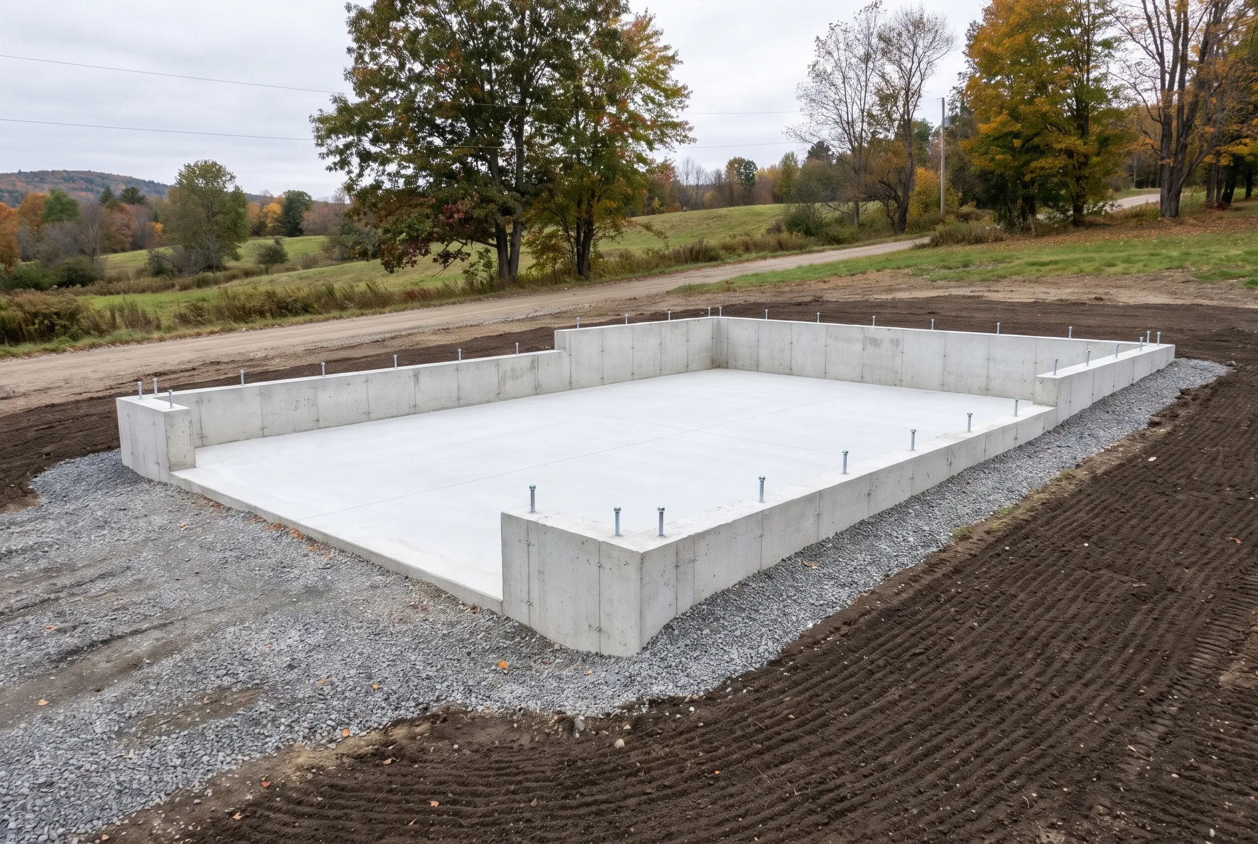 Concrete foundation for new construction in Pittston, ME: A rectangular concrete foundation with white floor and gray walls sits on gravel base in rural setting with autumn trees and dirt road visible.