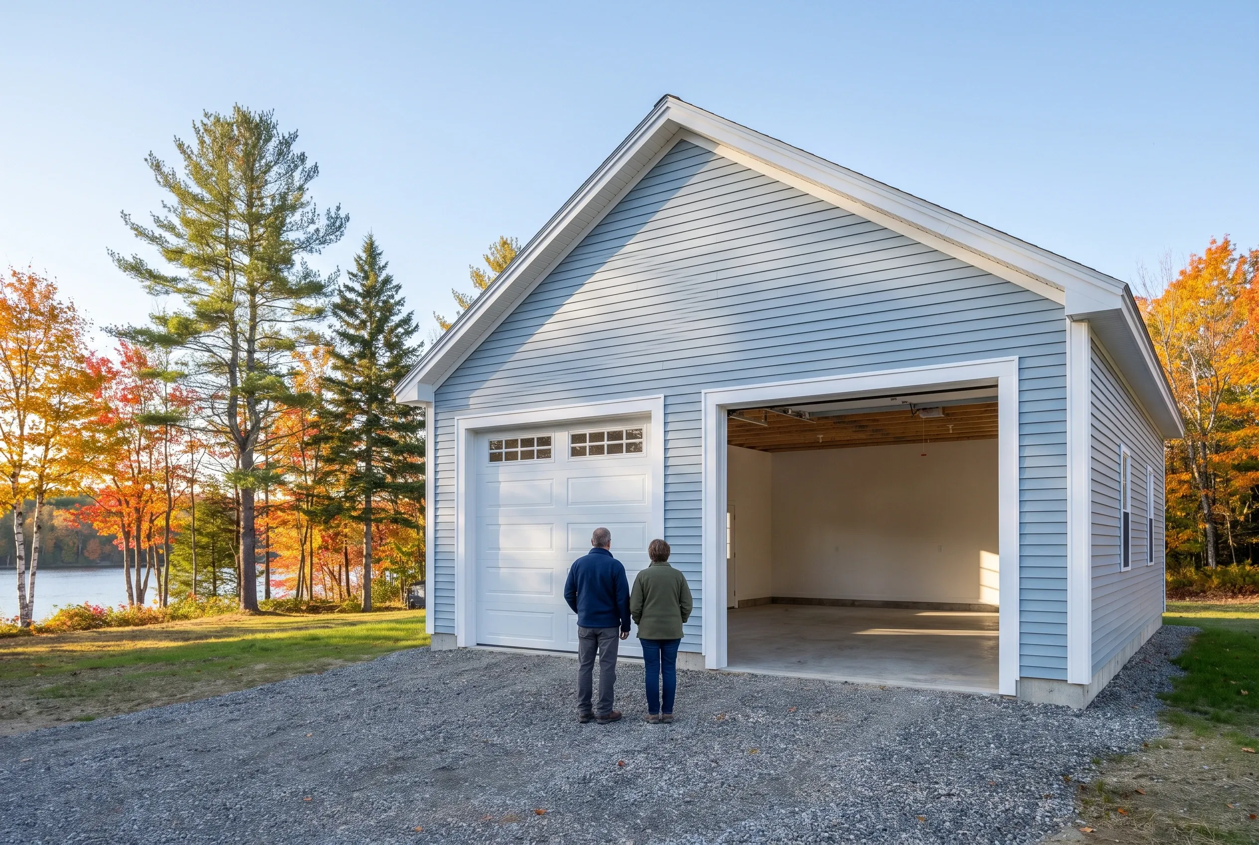 Detached two-bay garage in Pittston, Maine: Light blue vinyl sided garage with peaked roof and open garage door, two people standing in driveway, autumn trees and lake visible in background.
