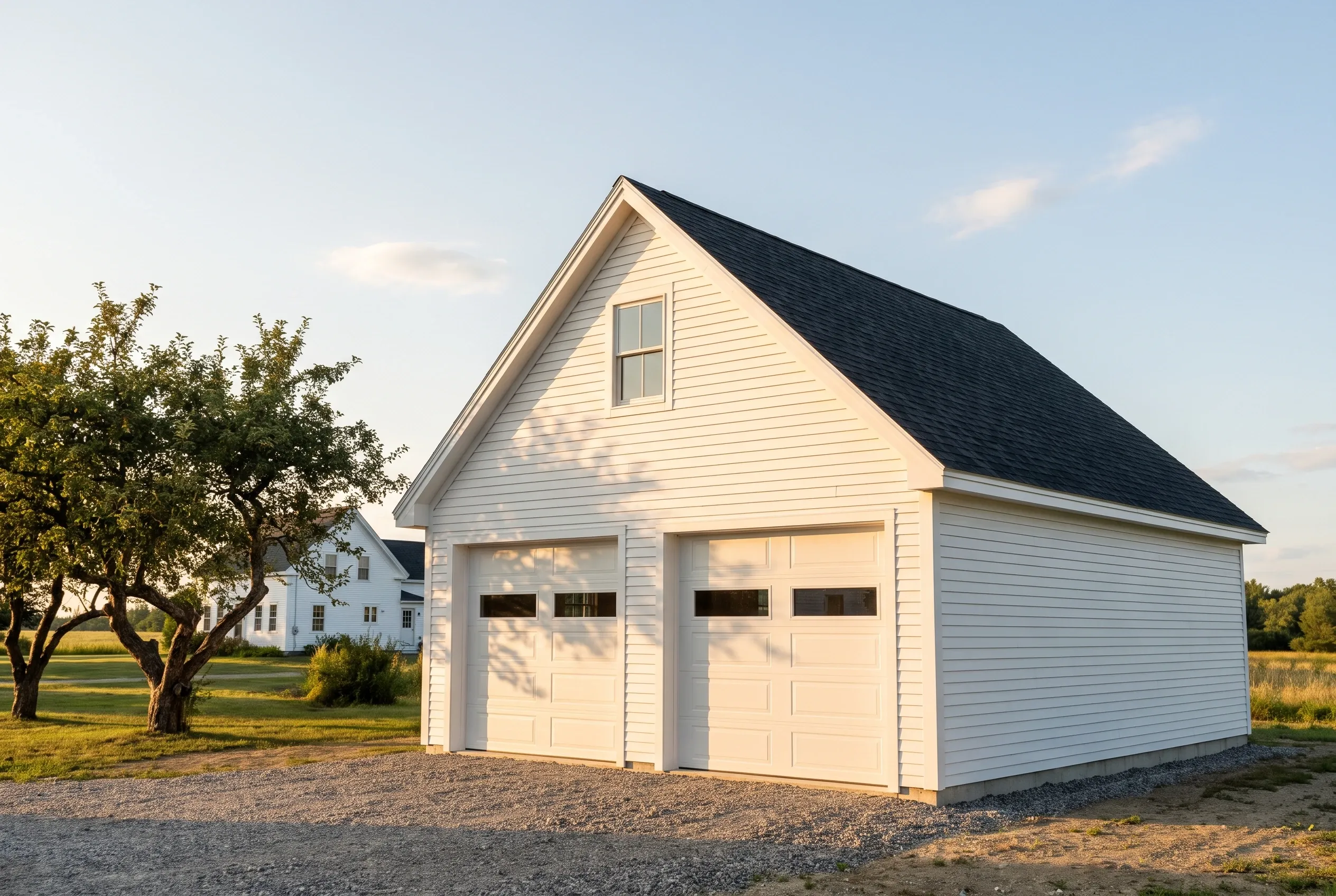 Two-bay detached garage in Pittston, ME: White vinyl-sided garage with black roof and gable vent, situated on gravel driveway with mature tree and residential home visible in background.