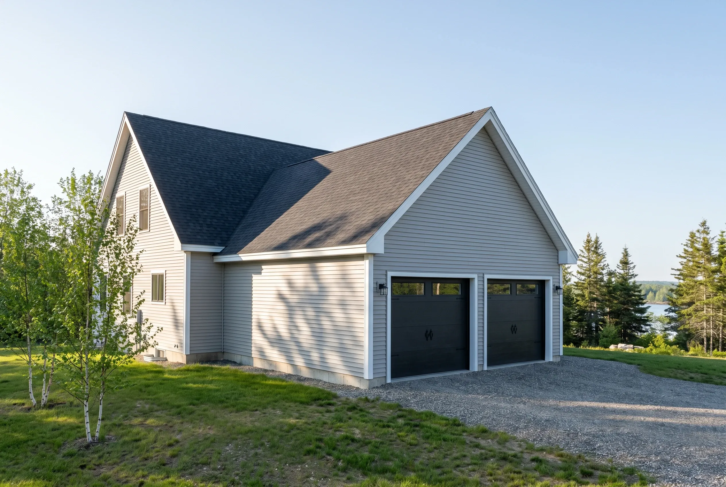Detached two-bay garage in Randolph, ME: White vinyl-sided garage with black garage doors, gabled roof with dark and light shingles, situated on gravel driveway surrounded by grass, young trees, and evergreen forest with water visible in distance.