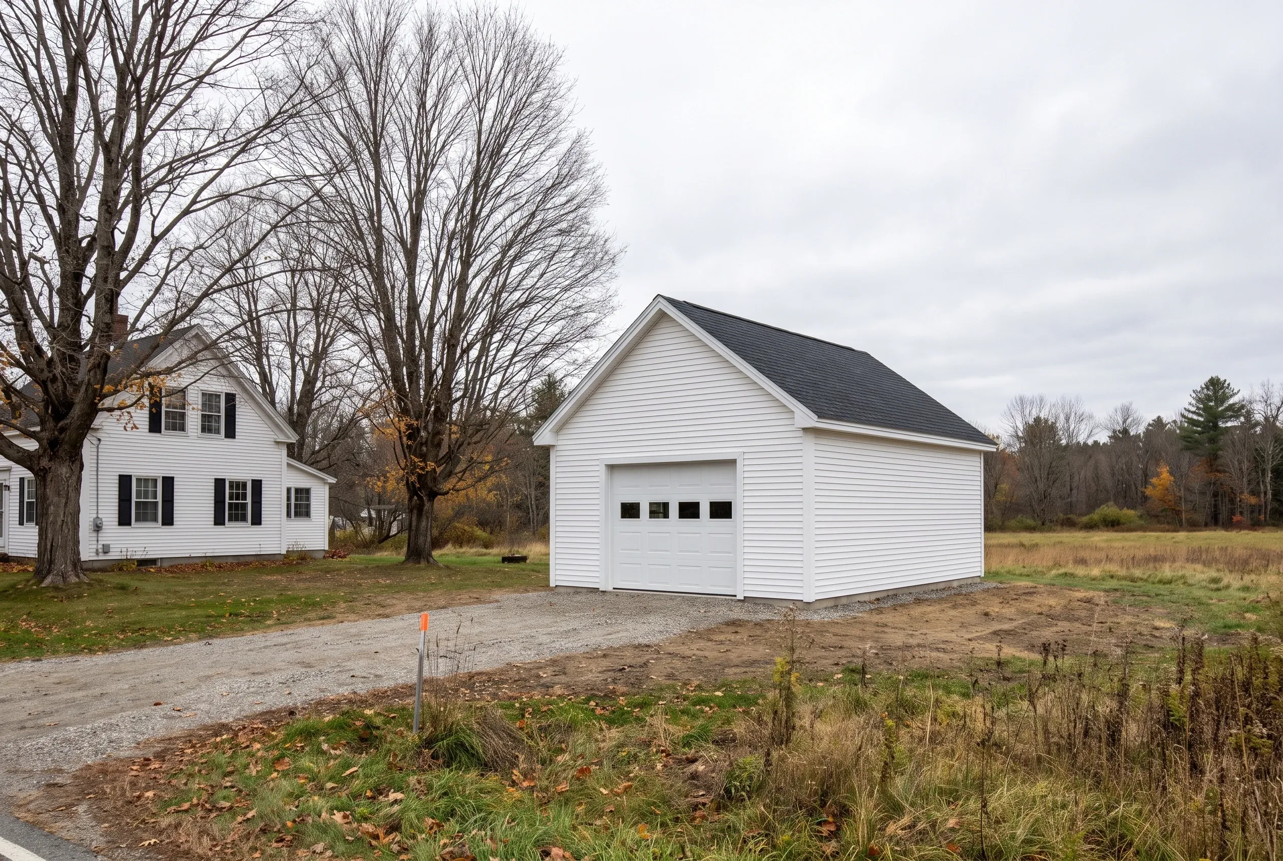 Detached single-bay garage in Randolph, ME: White vinyl-sided garage with black roof next to white farmhouse on rural property with bare trees and open fields.