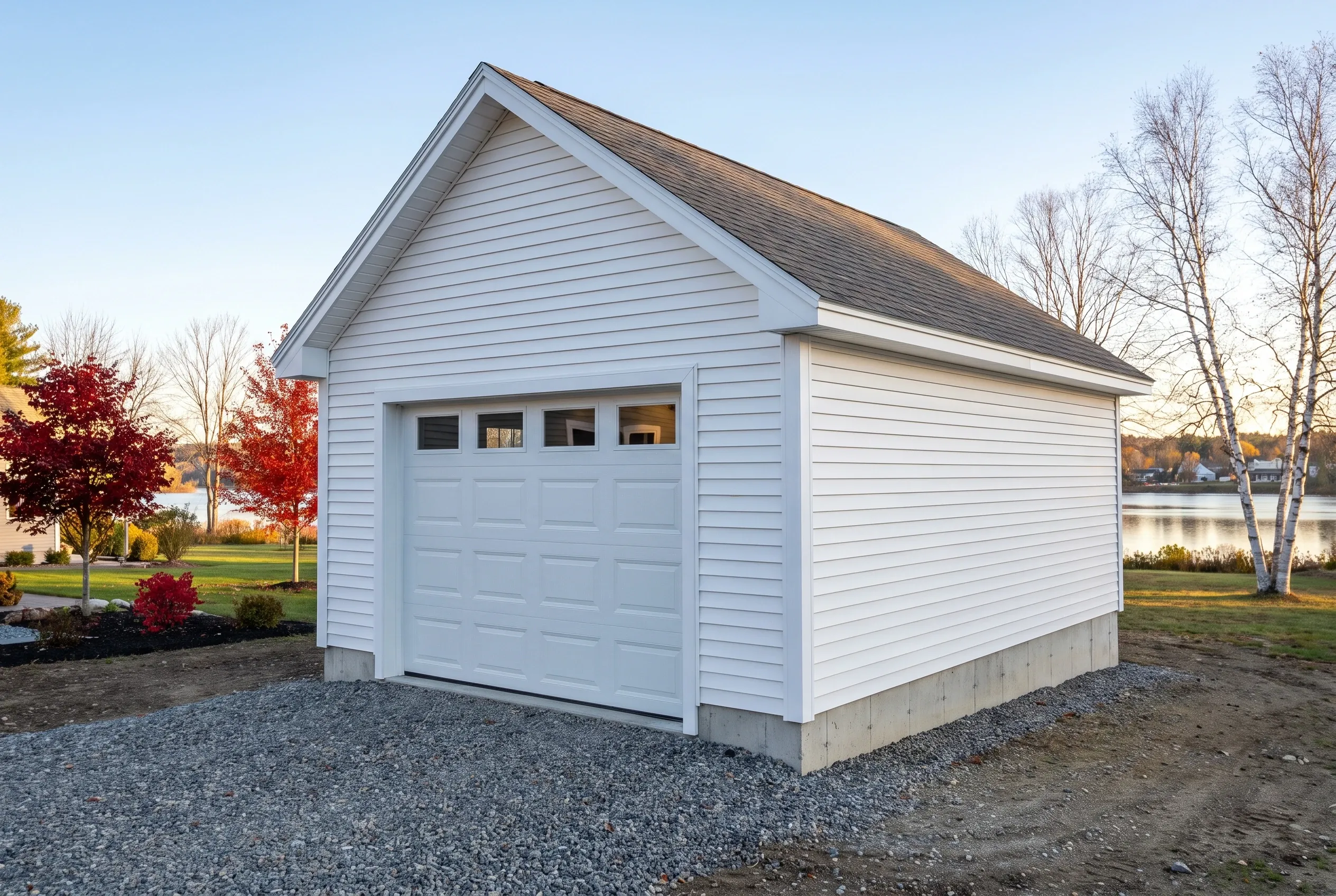 Garage builders in Randolph, ME: New white single-car garage with gray roof and horizontal siding next to a residential property and waterfront.