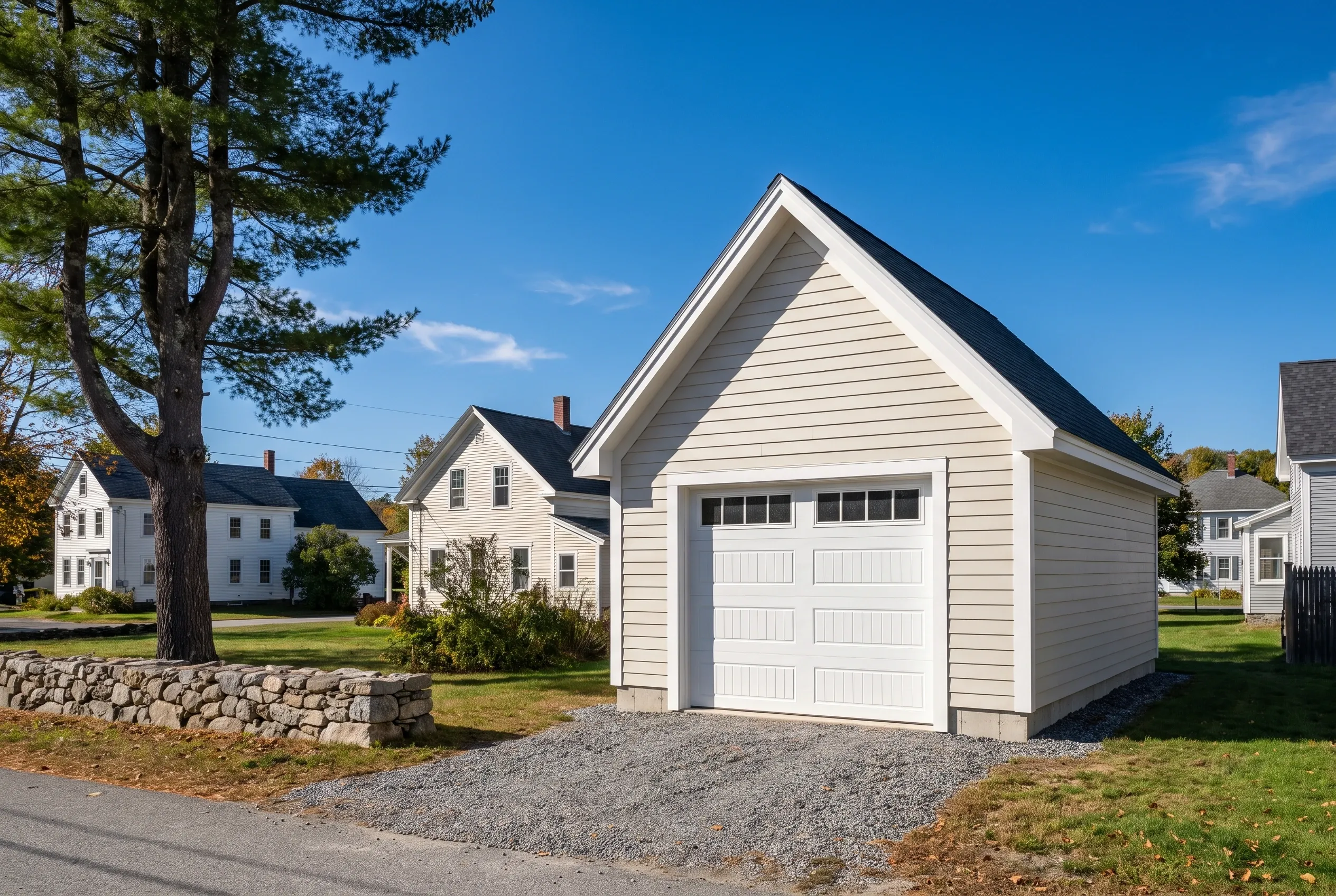 Detached two-bay garage in Randolph, ME: White vinyl-sided garage with dark roof and white garage door in residential neighborhood with large tree and stone wall.