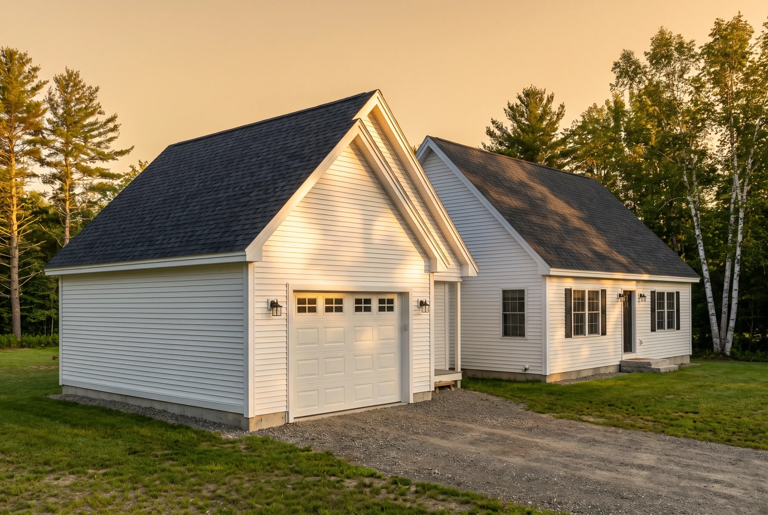 Detached two-bay garage in Randolph, ME: White vinyl-sided garage with dark shingle roof surrounded by evergreen and birch trees at dusk.