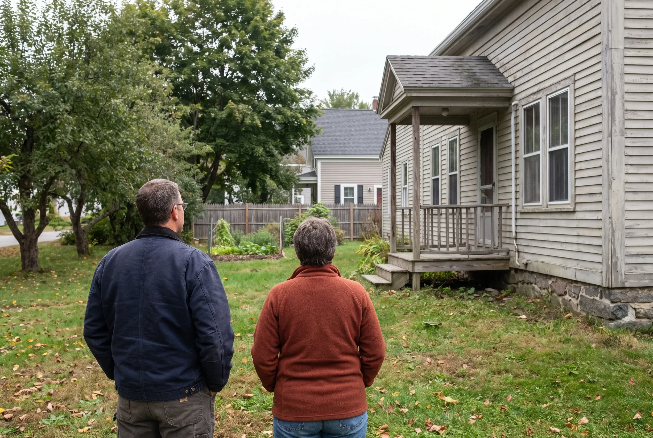Residential home with front porch in Randolph, ME: Two people viewing a single-story house with tan vinyl siding and gray roof, surrounded by trees and lawn.
