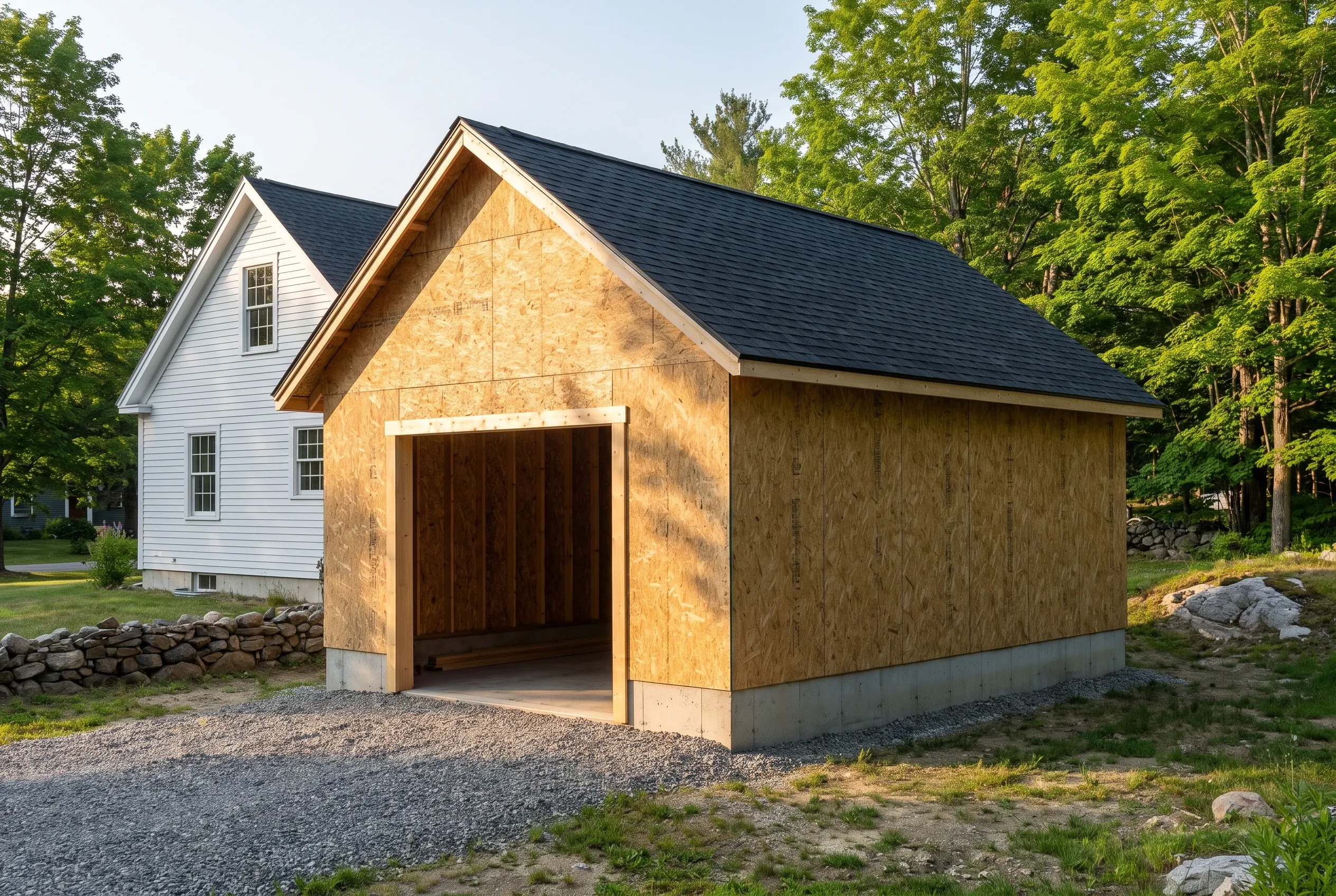 Detached two-bay garage in Randolph, Maine: A new garage with OSB siding and dark shingle roof stands next to a white house surrounded by trees and stone landscaping.