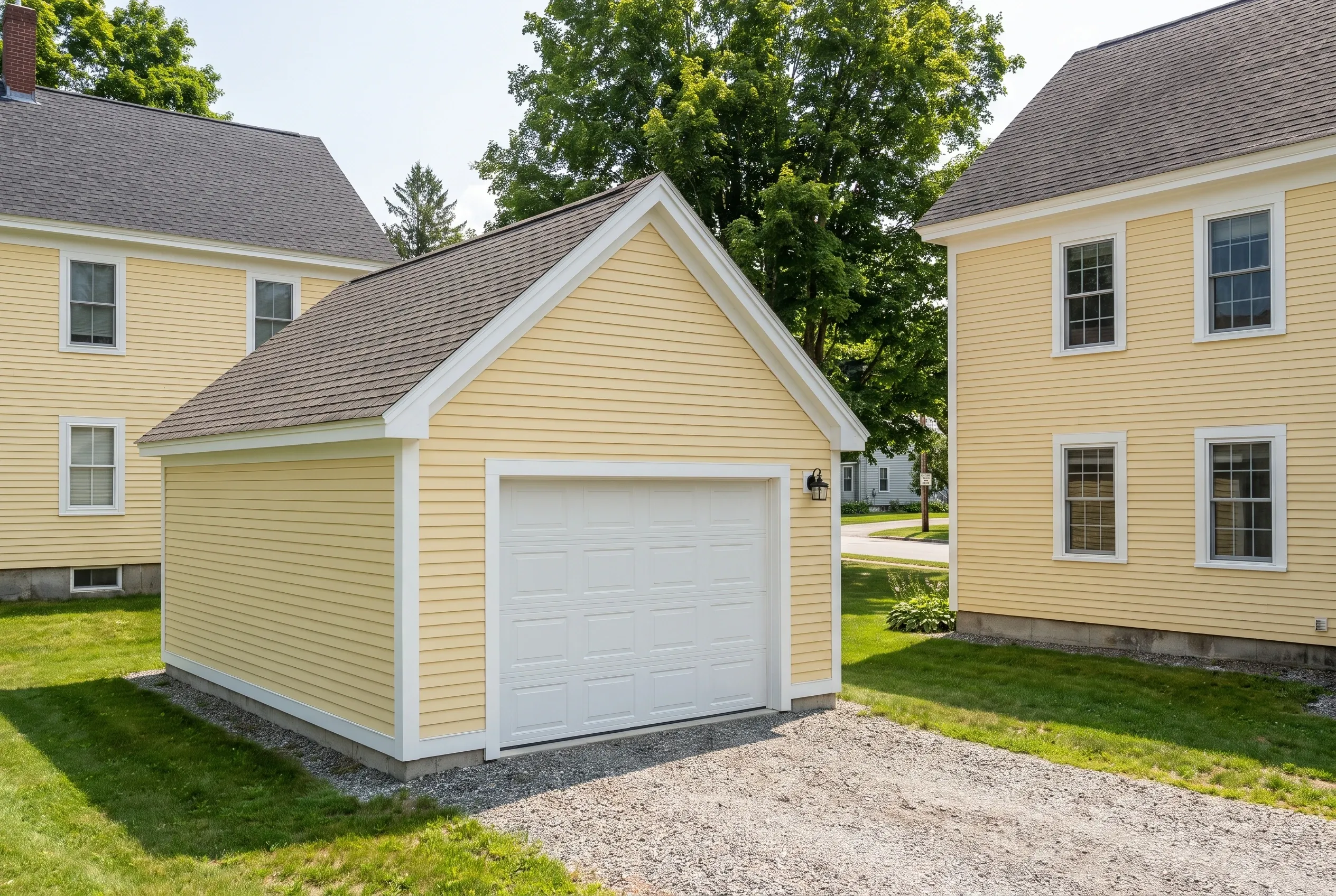 Detached single-bay garage in Randolph, Maine: Yellow vinyl-sided garage with white trim and asphalt shingle roof, positioned between two yellow houses on a gravel driveway with green lawn.