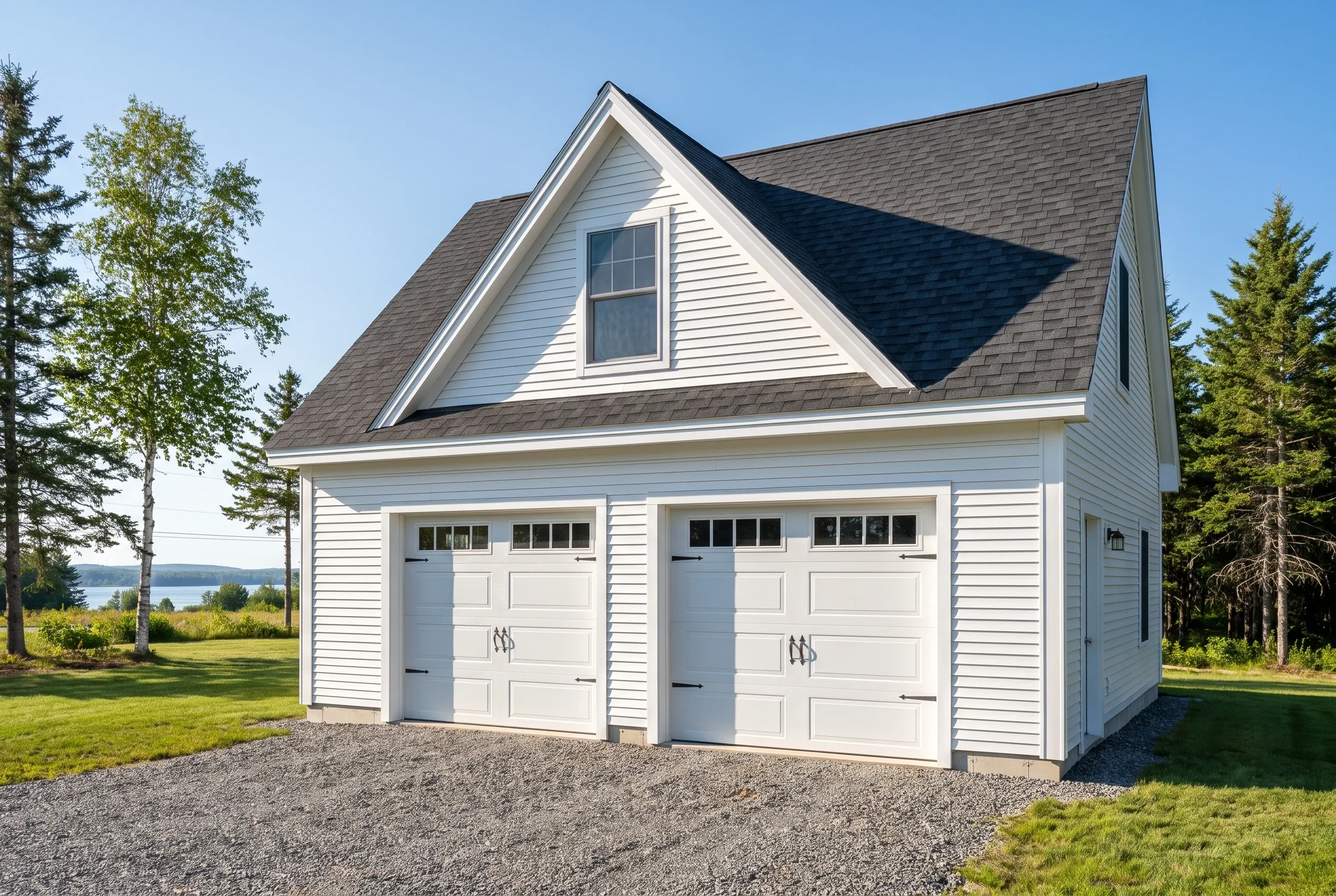 Detached two-bay garage in Randolph, ME: White vinyl-sided garage with dark shingle roof, two white garage doors, gabled roof with upper window, surrounded by green lawn and evergreen trees, water visible in background.
