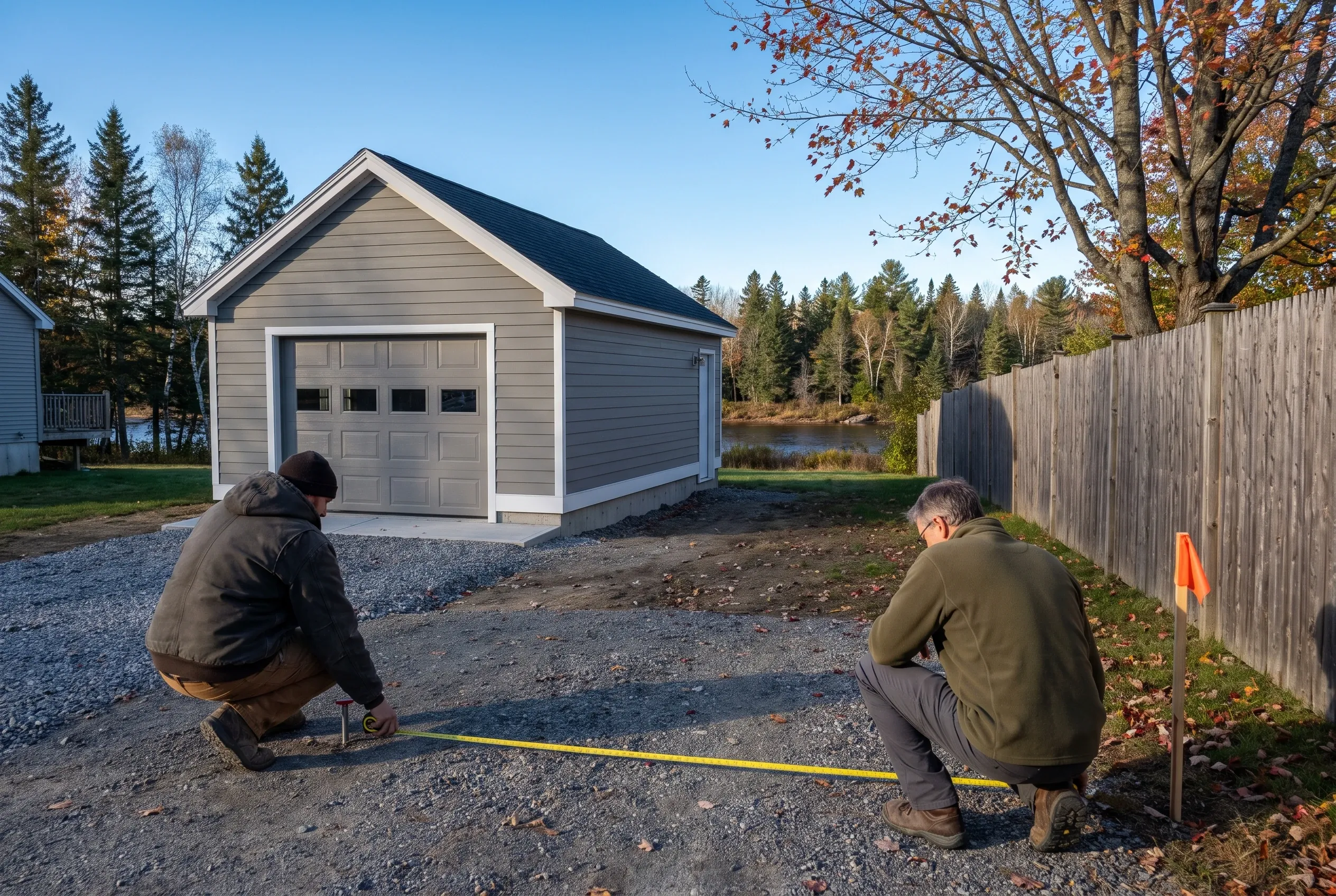 Detached single-bay garage in Randolph, Maine: Two men measure the gravel driveway in front of a white garage with gray roof and white garage door, surrounded by evergreen and deciduous trees near a pond.
