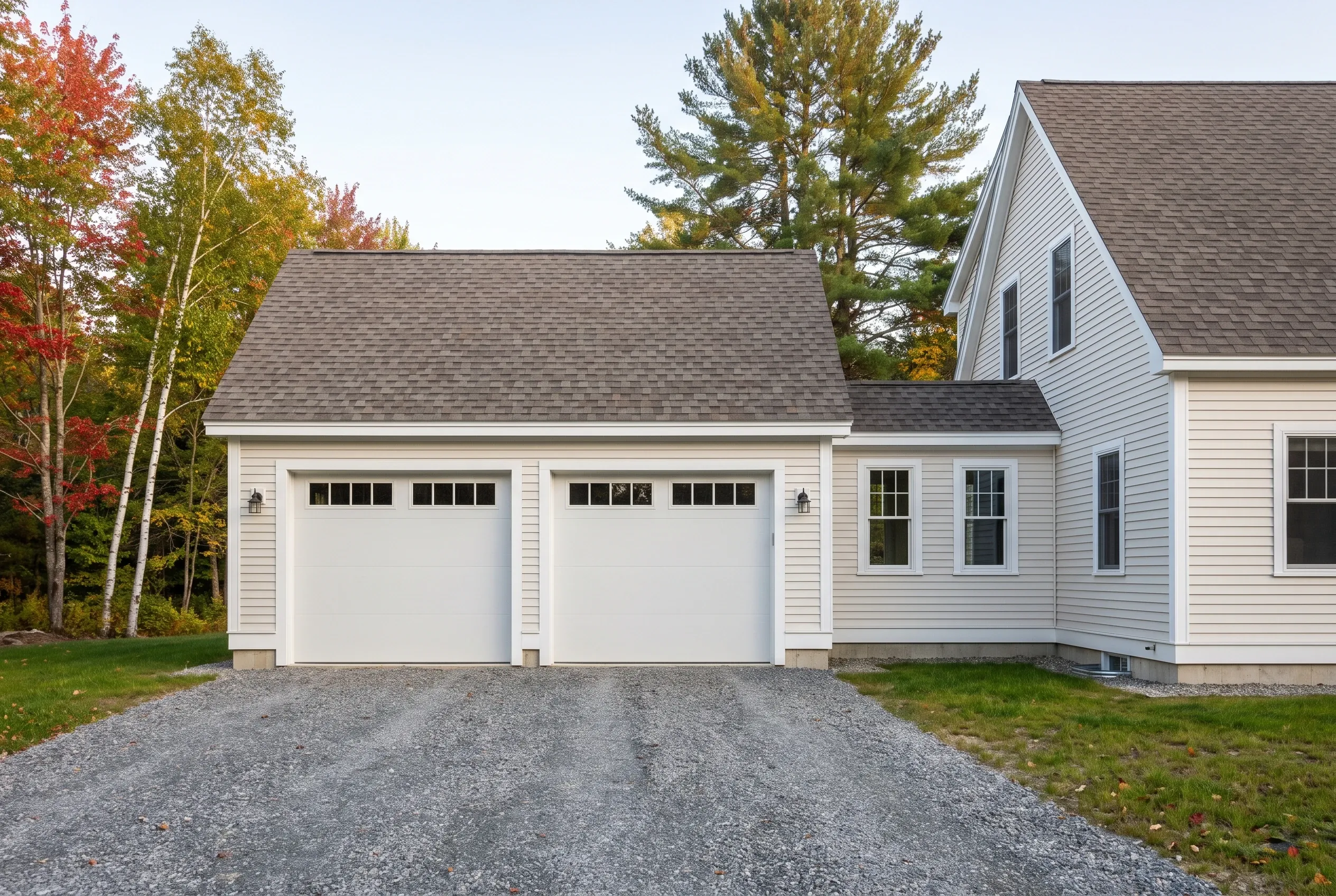 Two-bay detached garage in Readfield, ME: White vinyl-sided garage with gray shingle roof and two white overhead doors, attached to white house, surrounded by fall foliage.