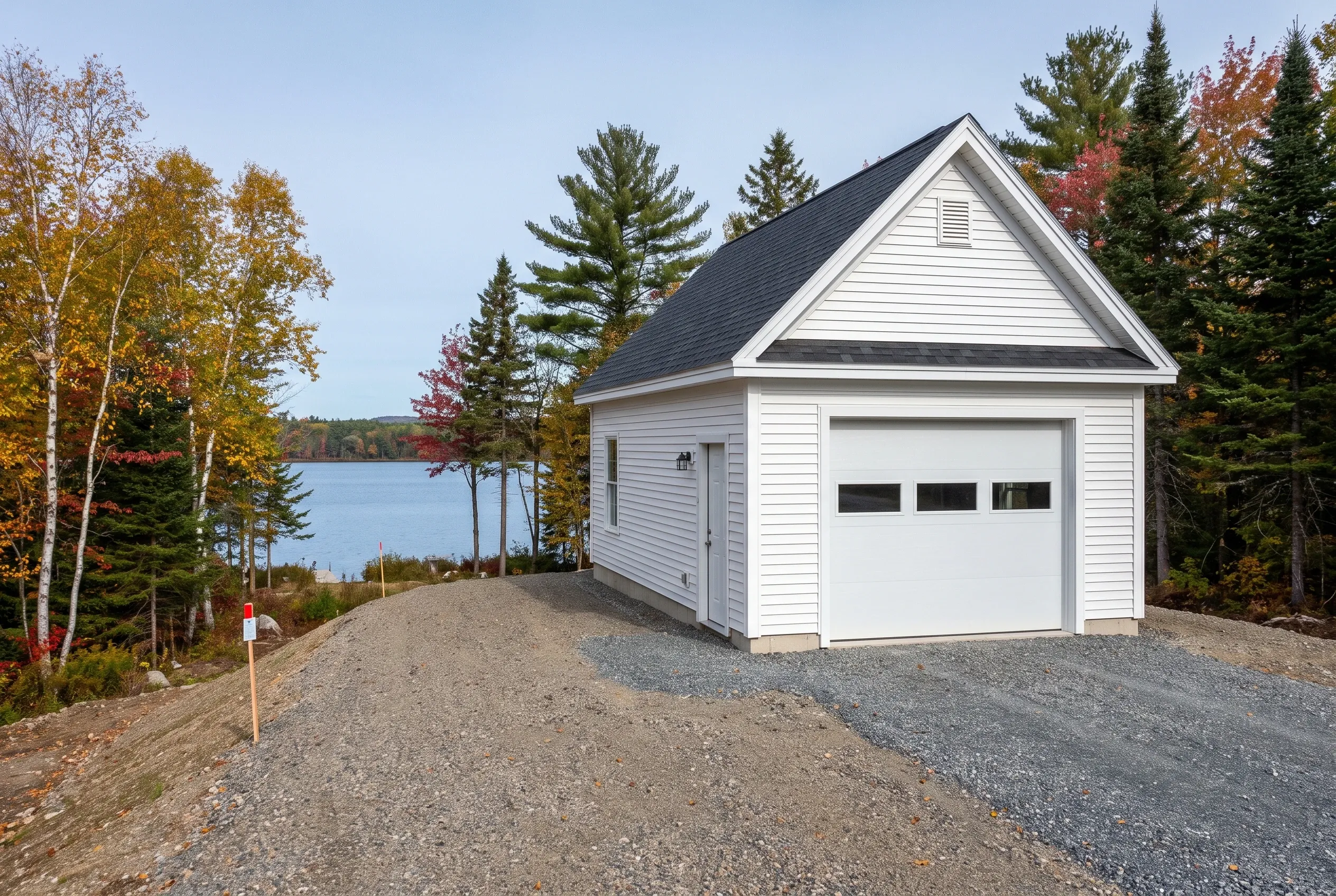 Detached one-bay garage in Readfield, ME: White vinyl-sided garage with black shingled roof beside a gravel driveway, overlooking a lake surrounded by autumn foliage and evergreen trees.