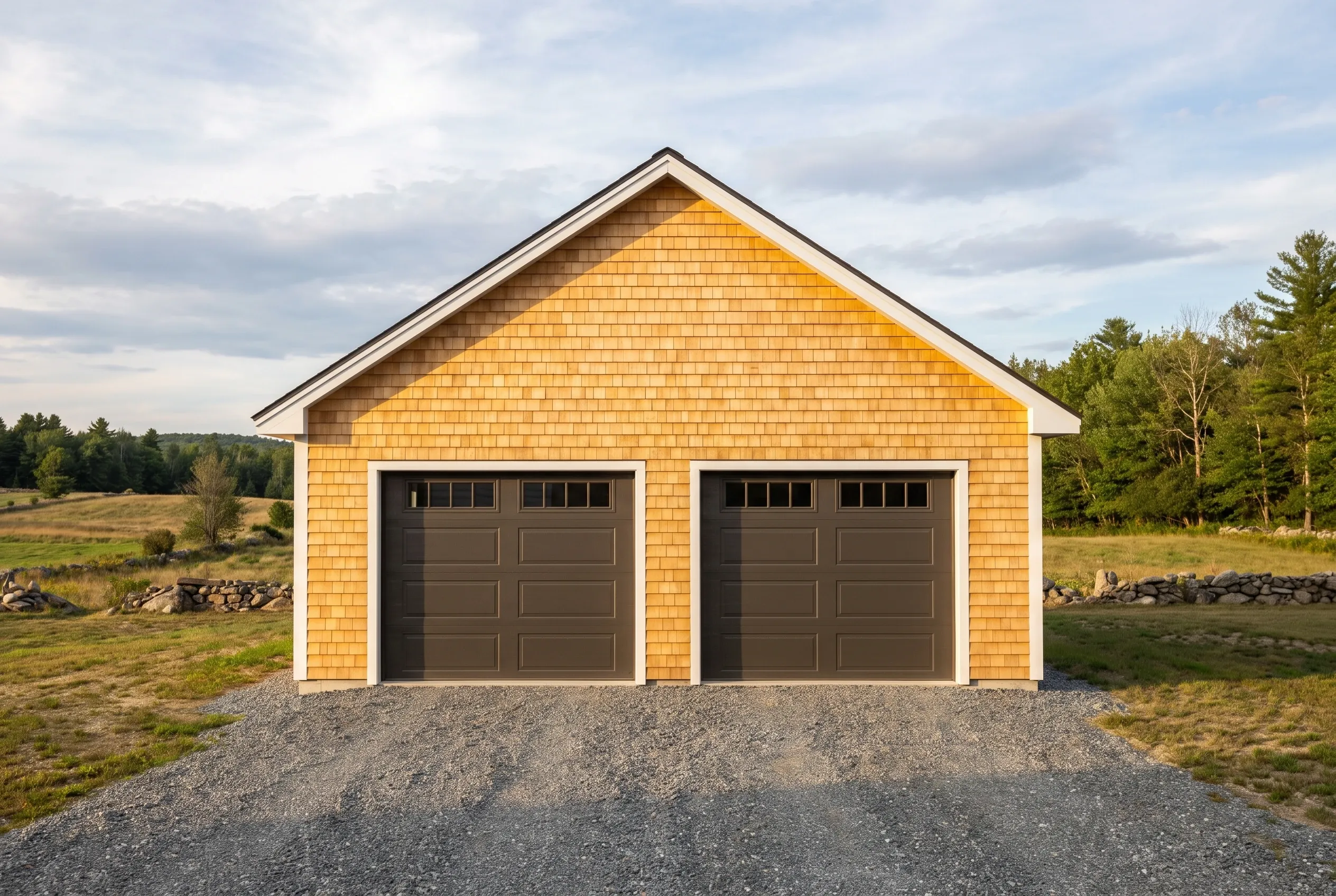 Two-bay garage in Readfield, Maine: Yellow cedar shake sided garage with brown garage doors, white trim, peaked roof, gravel driveway, rural setting with trees and stone wall.