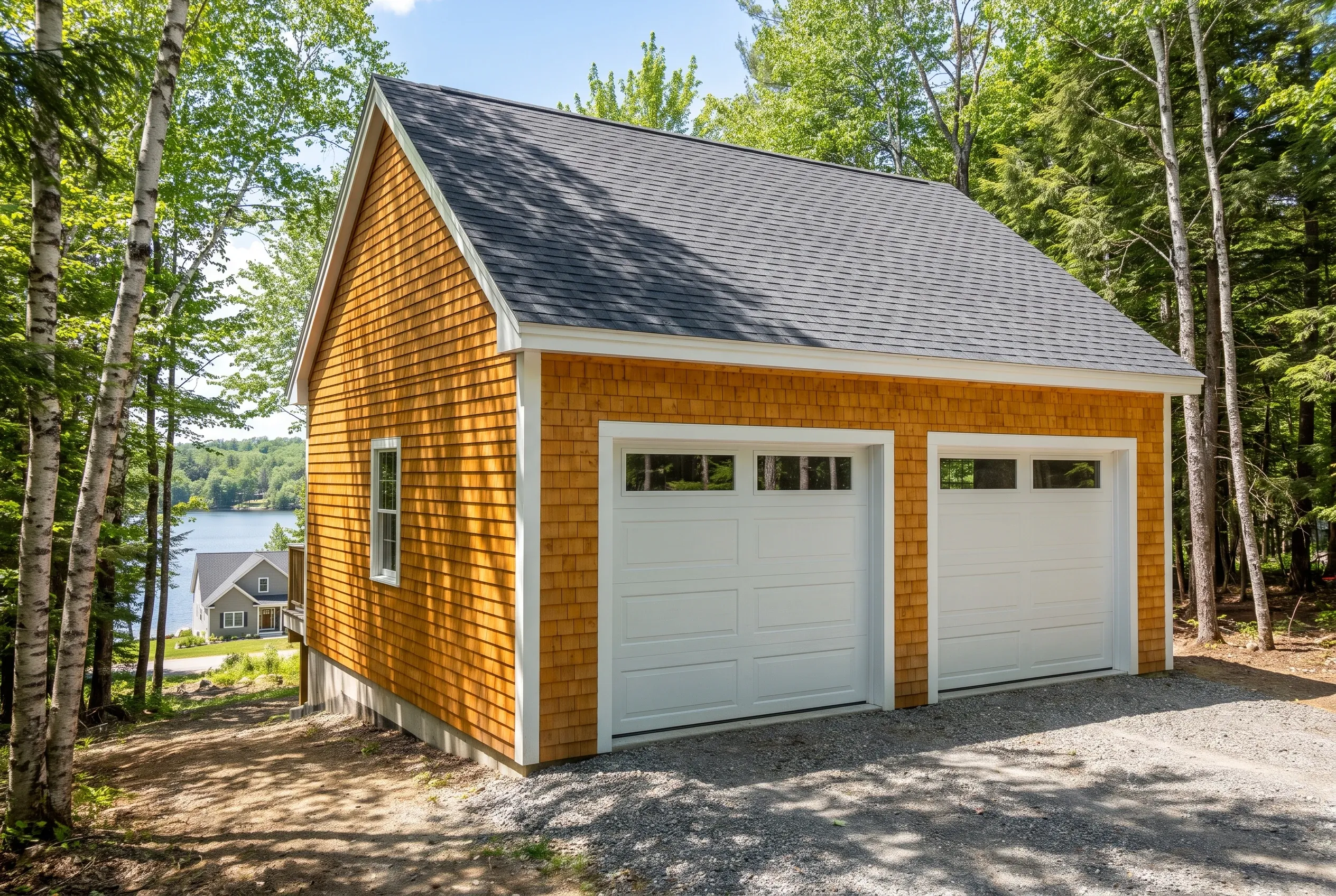 Garage builders in Readfield, ME: Two-bay garage with cedar shake siding and dark roof, white trim and garage doors, surrounded by trees with lake and house visible in background.