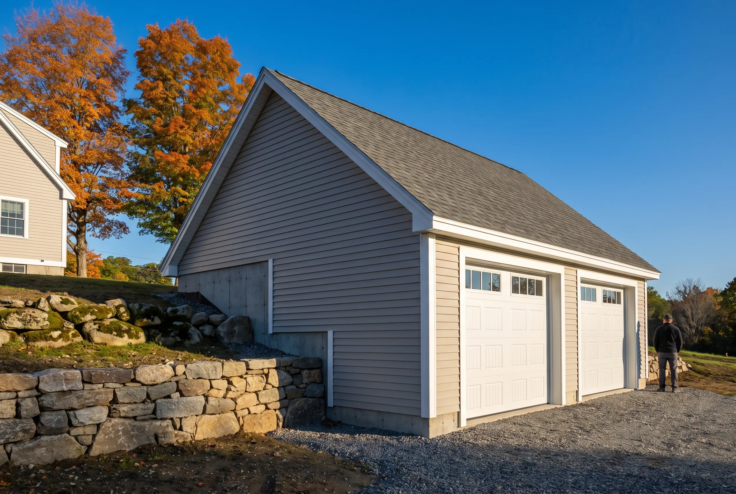 Two-bay detached garage in Readfield, ME: Gray and cream sided garage with gabled roof next to stone wall, autumn trees, person standing nearby on gravel driveway.