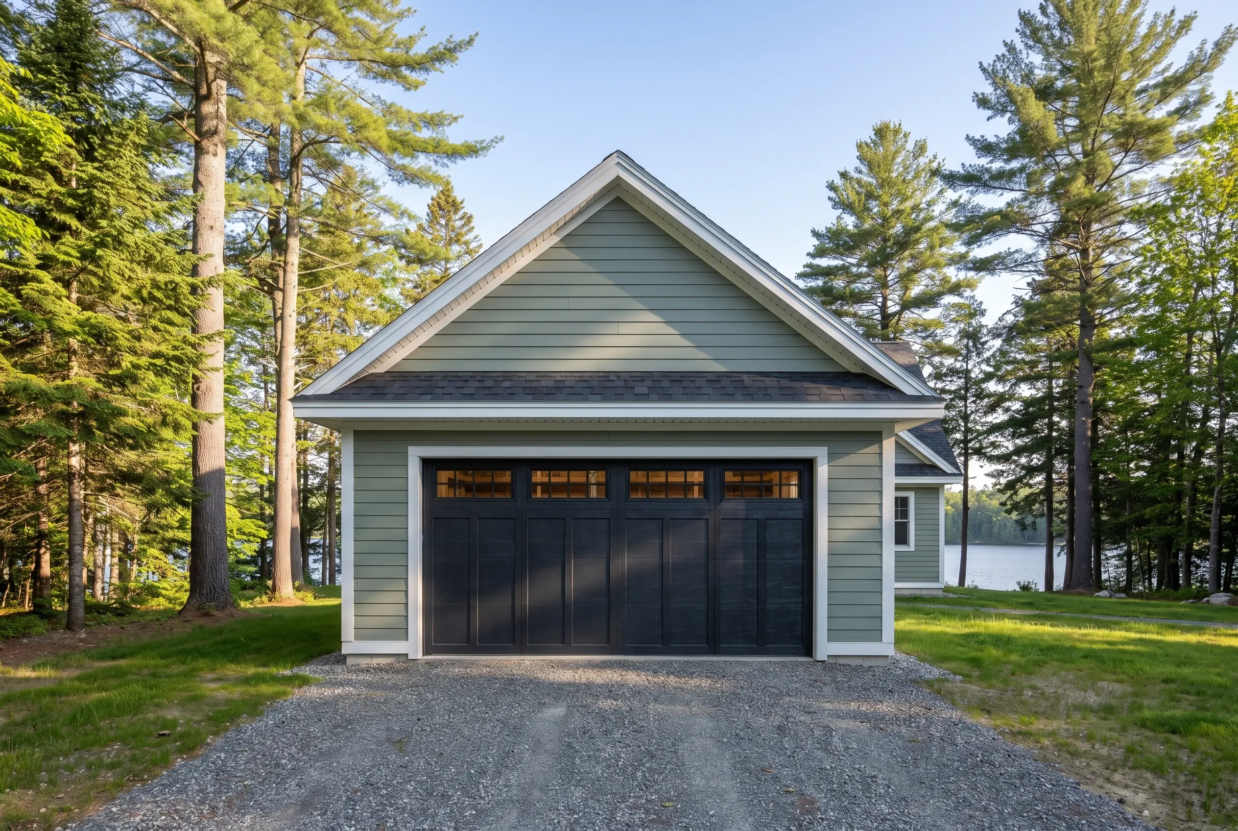 Detached two-bay garage in Readfield, ME: A two-bay garage with gray horizontal siding and dark asphalt shingle roof sits on a gravel driveway surrounded by tall pine trees and green lawn.