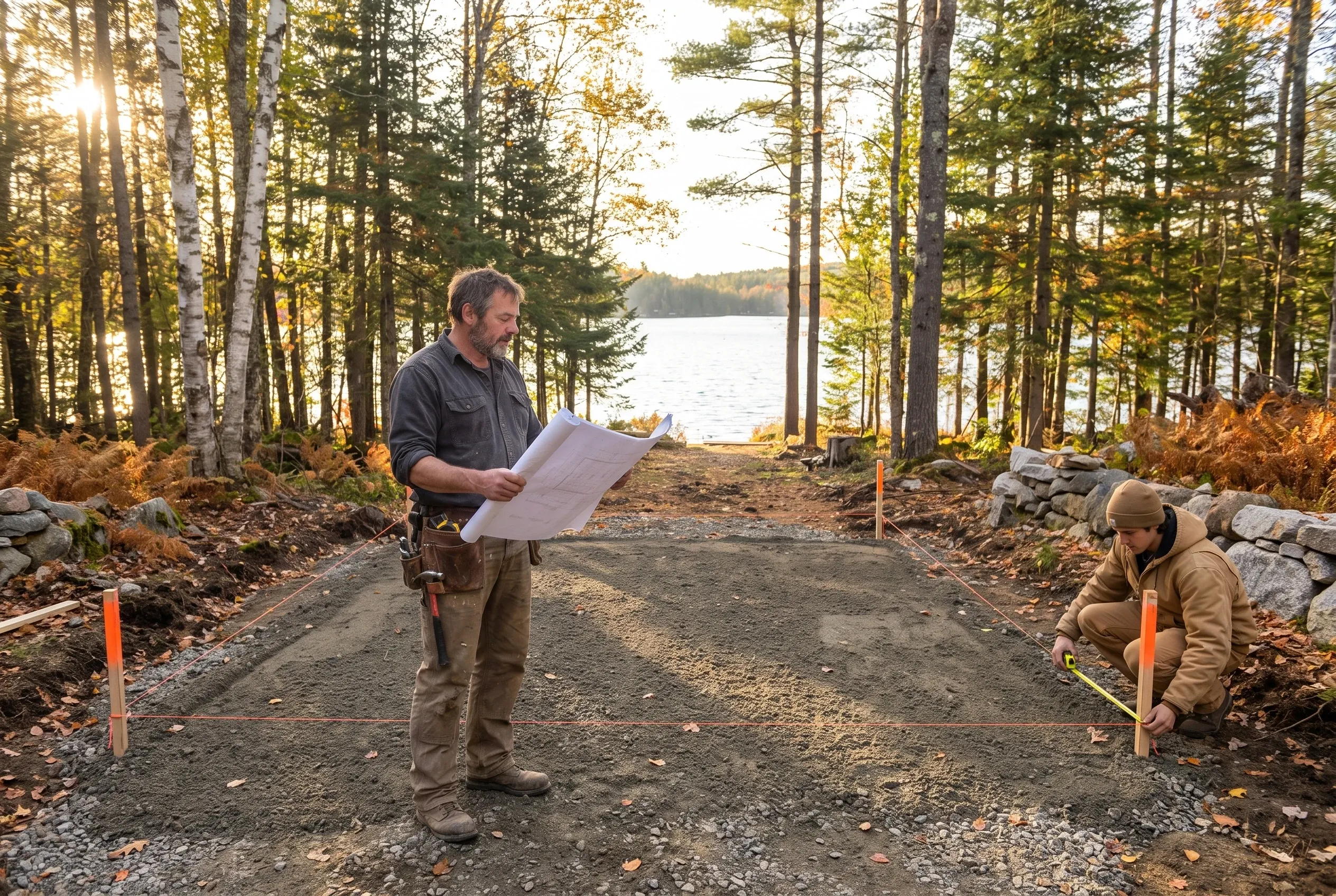 Tom Linkens checking garage plans against an orange-staked footprint on a wooded lakeside lot in Readfield, Maine, as a crew member measures