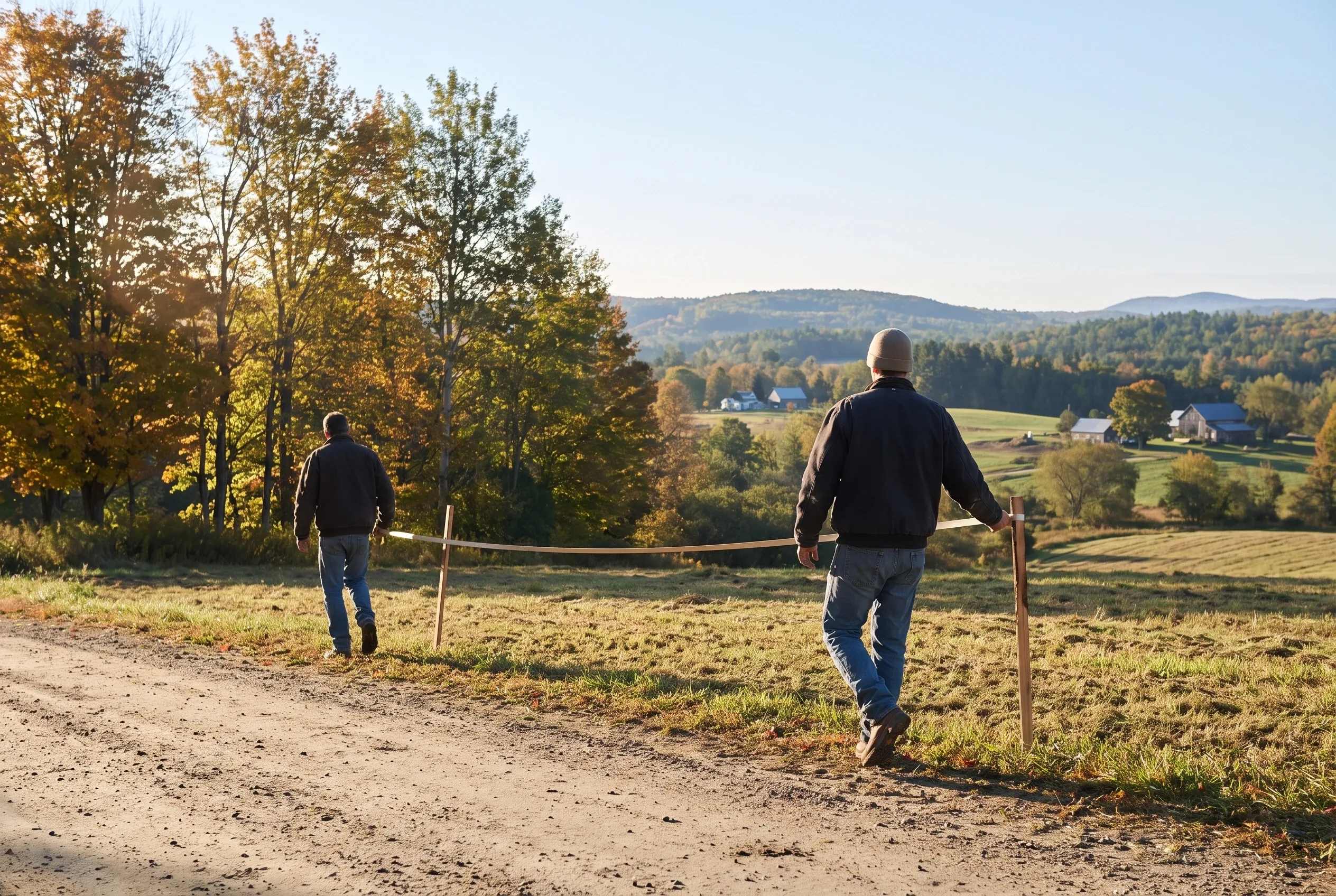 Detached two-bay garage in Readfield, ME: Two men jogging on a dirt road past a white wooden-sided garage with a metal roof, set in a rural valley with autumn foliage and farm buildings visible in the distance.