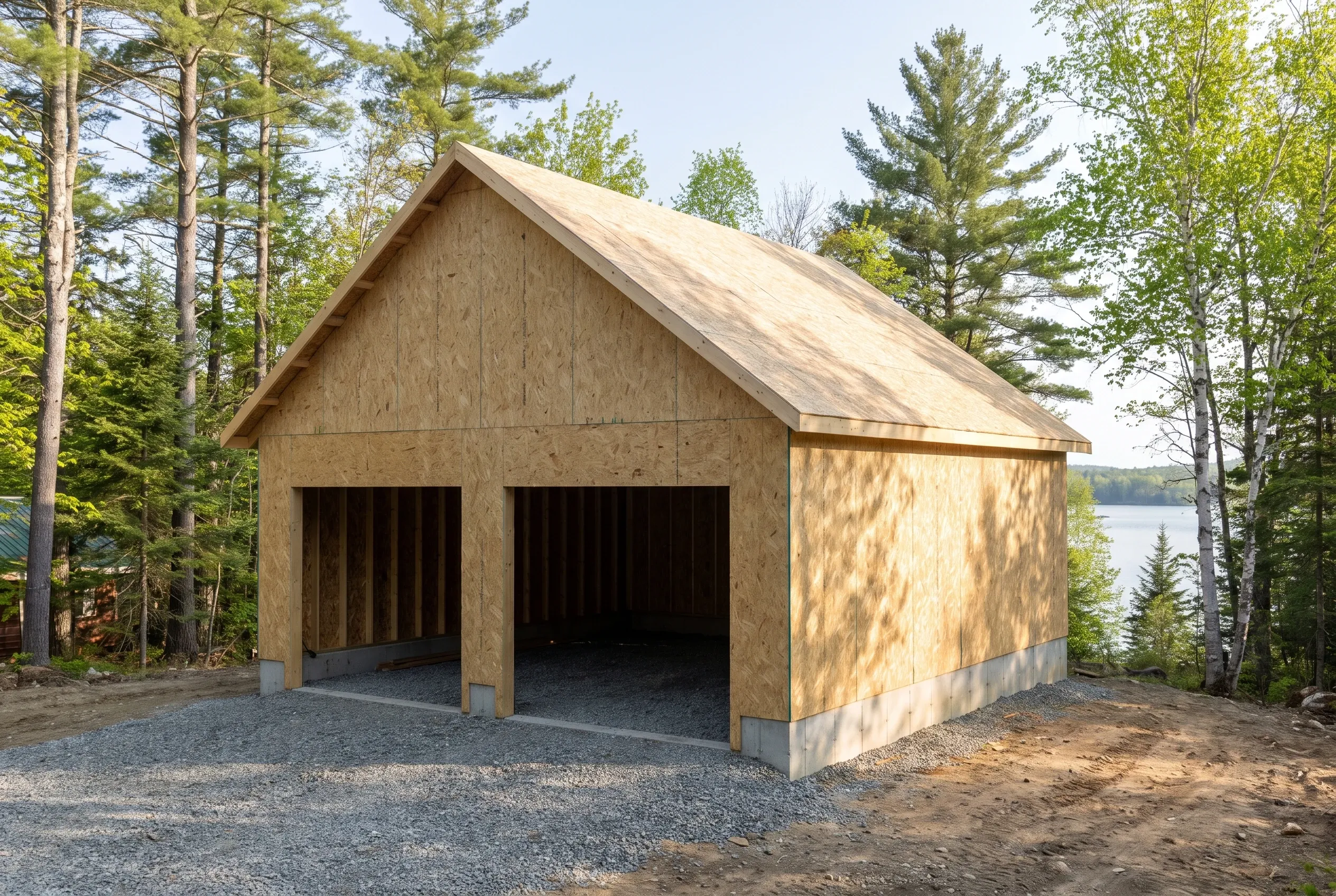 Two-bay garage in Readfield, Maine: New construction garage with two open bays, OSB siding, peaked roof, gravel driveway, surrounded by evergreen and birch trees with lake visible in background.