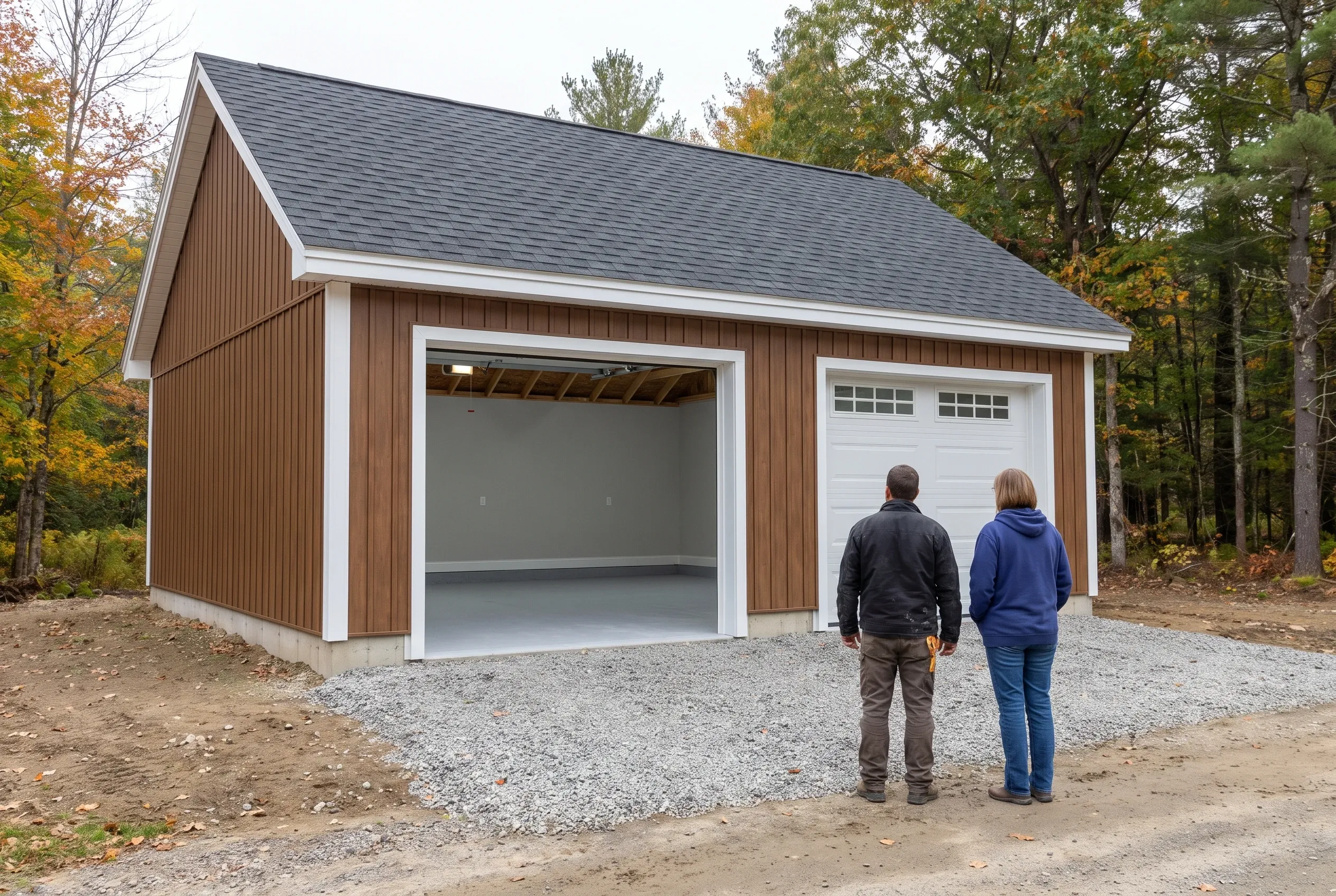 Detached two-bay garage in Readfield, Maine: Brown and white sided garage with gray shingled roof. Two people stand in the gravel driveway viewing the building. Autumn trees visible in background.