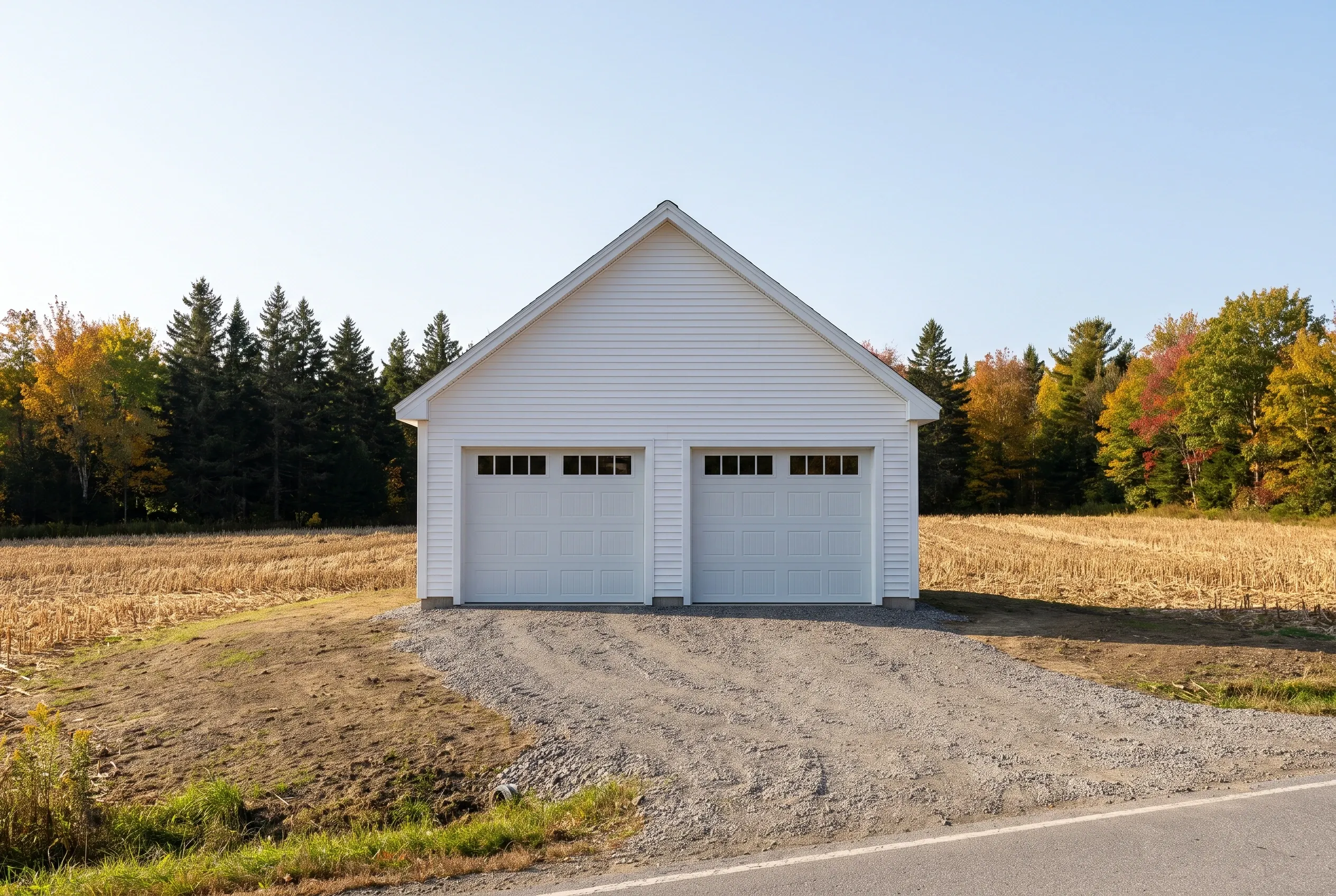 Two-bay detached garage in Sidney, ME: White two-bay garage with white siding and peaked roof in rural setting with gravel driveway, surrounded by autumn trees and harvested fields.