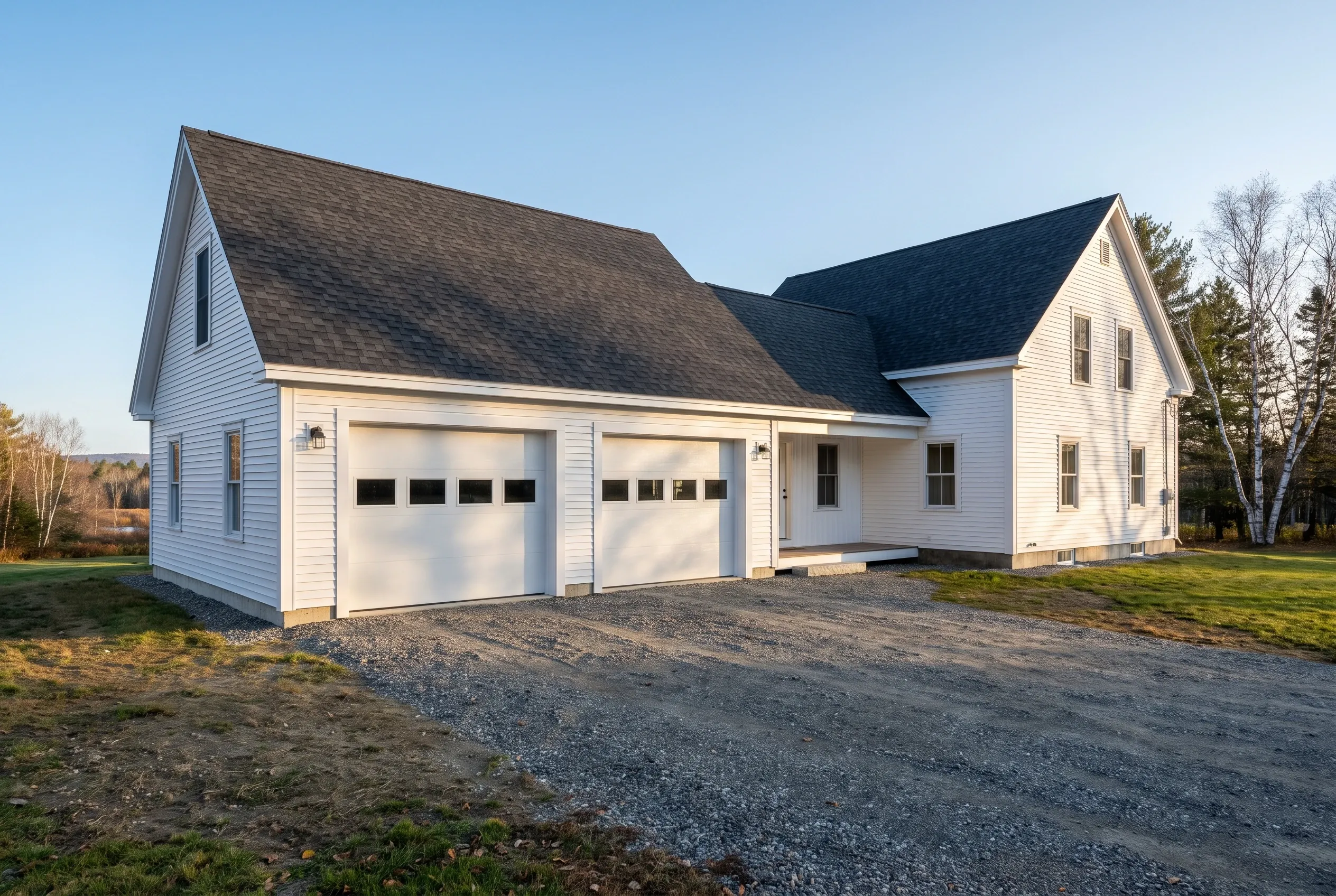 Detached two-bay garage in Sidney, ME: White vinyl sided garage with dark shingle roof and two white overhead doors, attached to a white farmhouse, gravel driveway, rural setting with trees and grass.