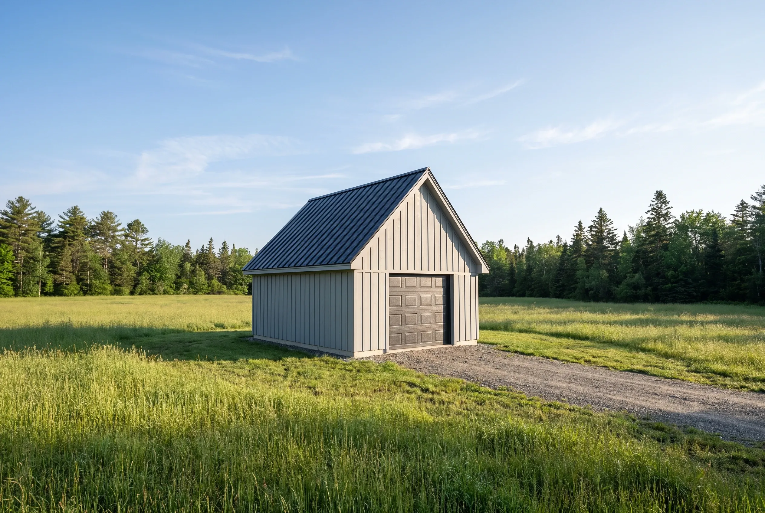 Garage builders in Sidney, ME: Single bay garage with tan vertical siding, dark metal roof, and tan garage door in rural field setting with tree line.