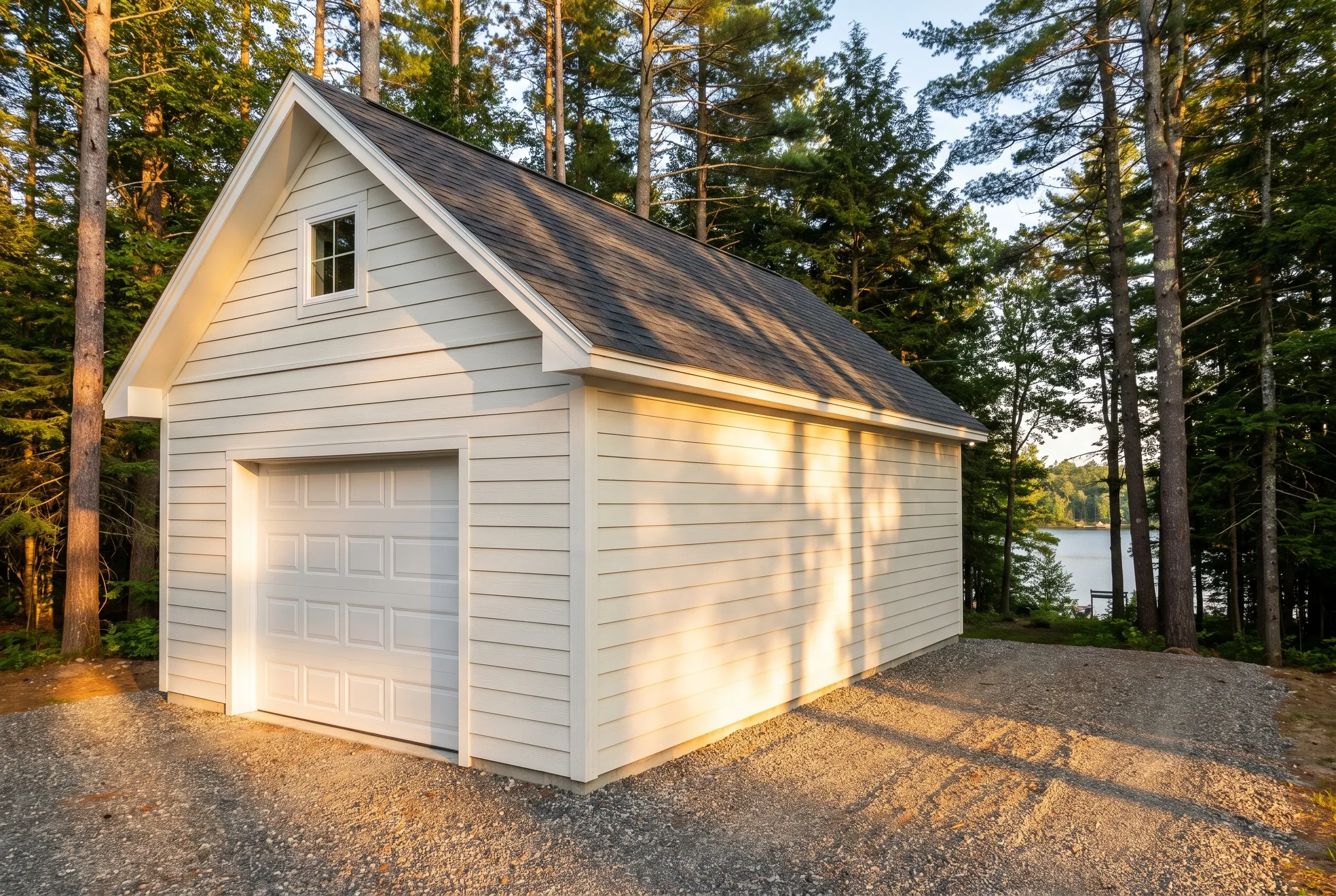 One-bay garage in Sidney, Maine: White single-bay garage with dark roof and white garage door surrounded by tall pine trees and gravel driveway, lake visible in background.