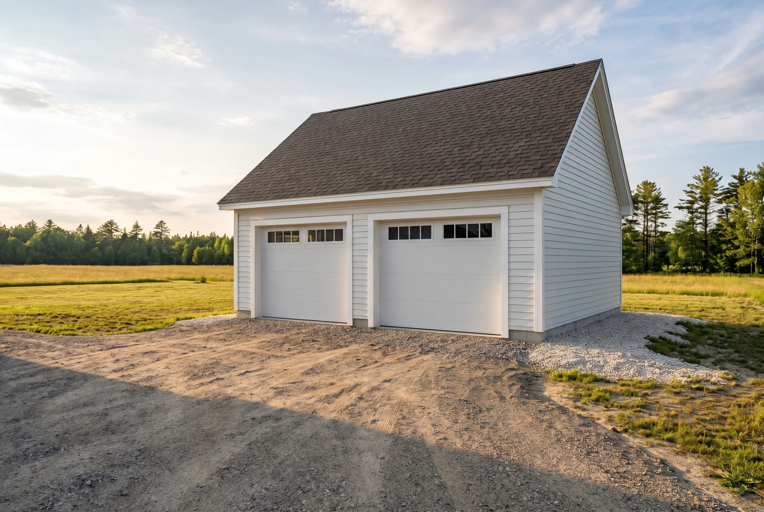Two-bay garage in Sidney, Maine: White-sided detached garage with dark roof, two white overhead doors with windows, situated on gravel driveway surrounded by open field and evergreen trees.