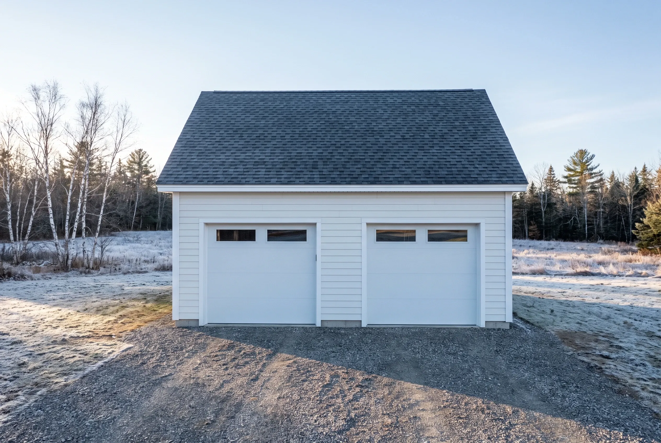 Two-bay garage in Sidney, Maine: White detached garage with two garage doors, white horizontal siding, dark shingle roof, gravel driveway, surrounded by bare trees and winter landscape.
