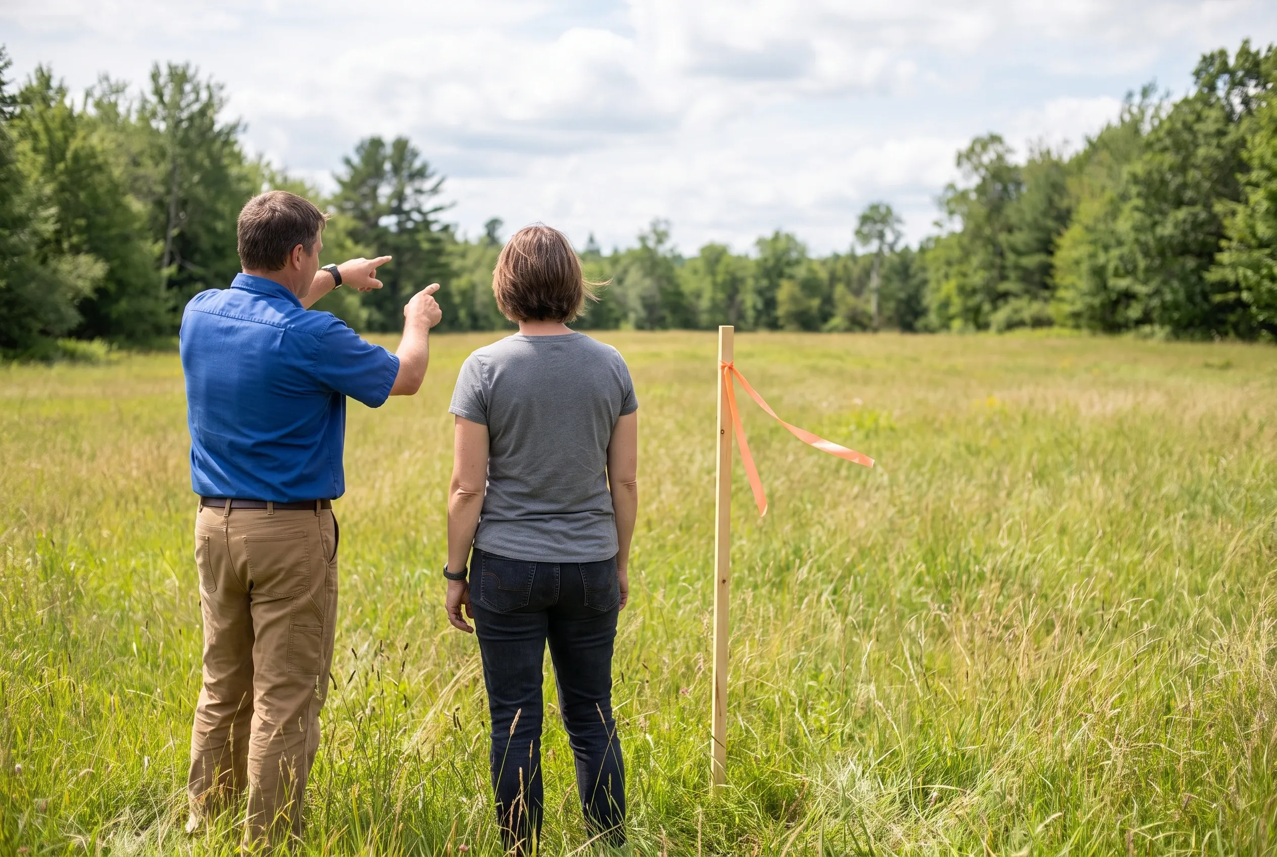 Land surveying in Sidney, Maine: Two people stand in an open field with a surveying marker, discussing property boundaries with forested areas visible in the background.