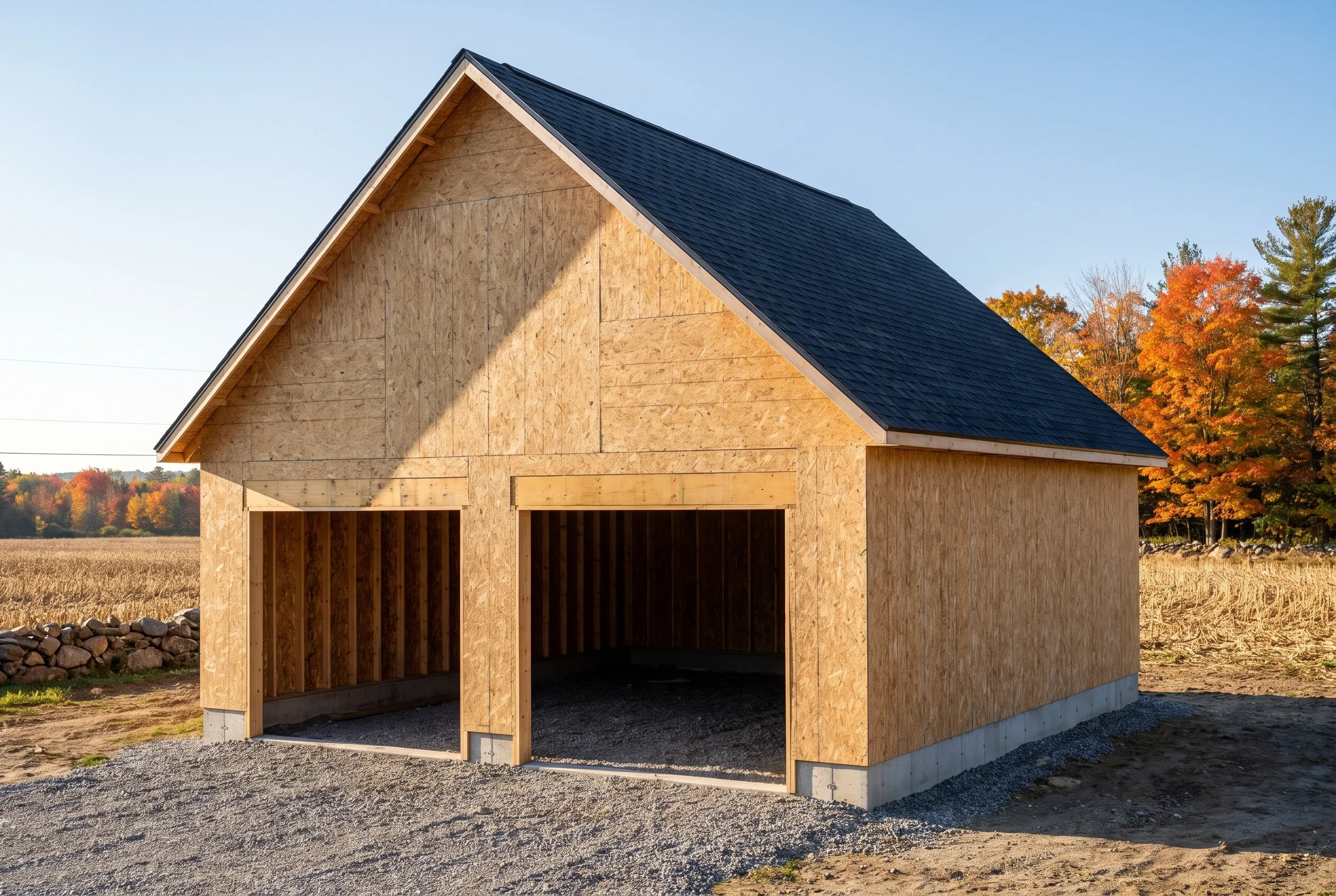 Two-bay detached garage in Sidney, Maine: New wooden garage with two open bays, OSB siding, dark asphalt shingle roof, concrete foundation, set in rural farmland with autumn trees in background.