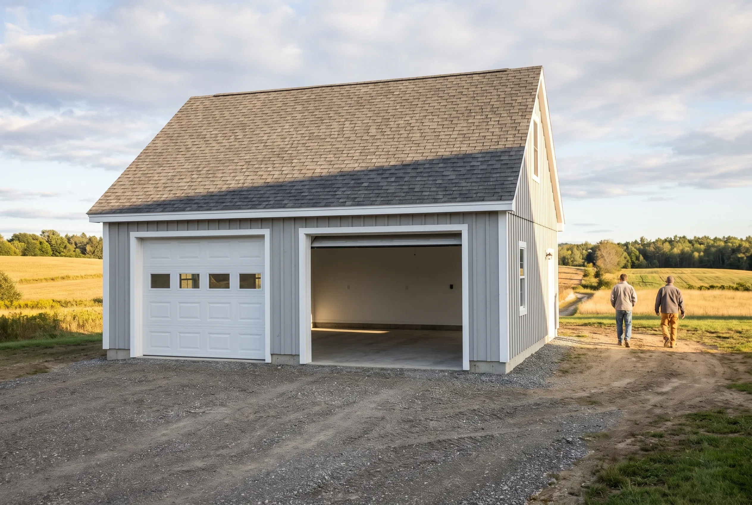 Two-bay garage in Sidney, Maine: Gray and white sided garage with two open bays and shingled roof in rural farmland setting with two people standing nearby.
