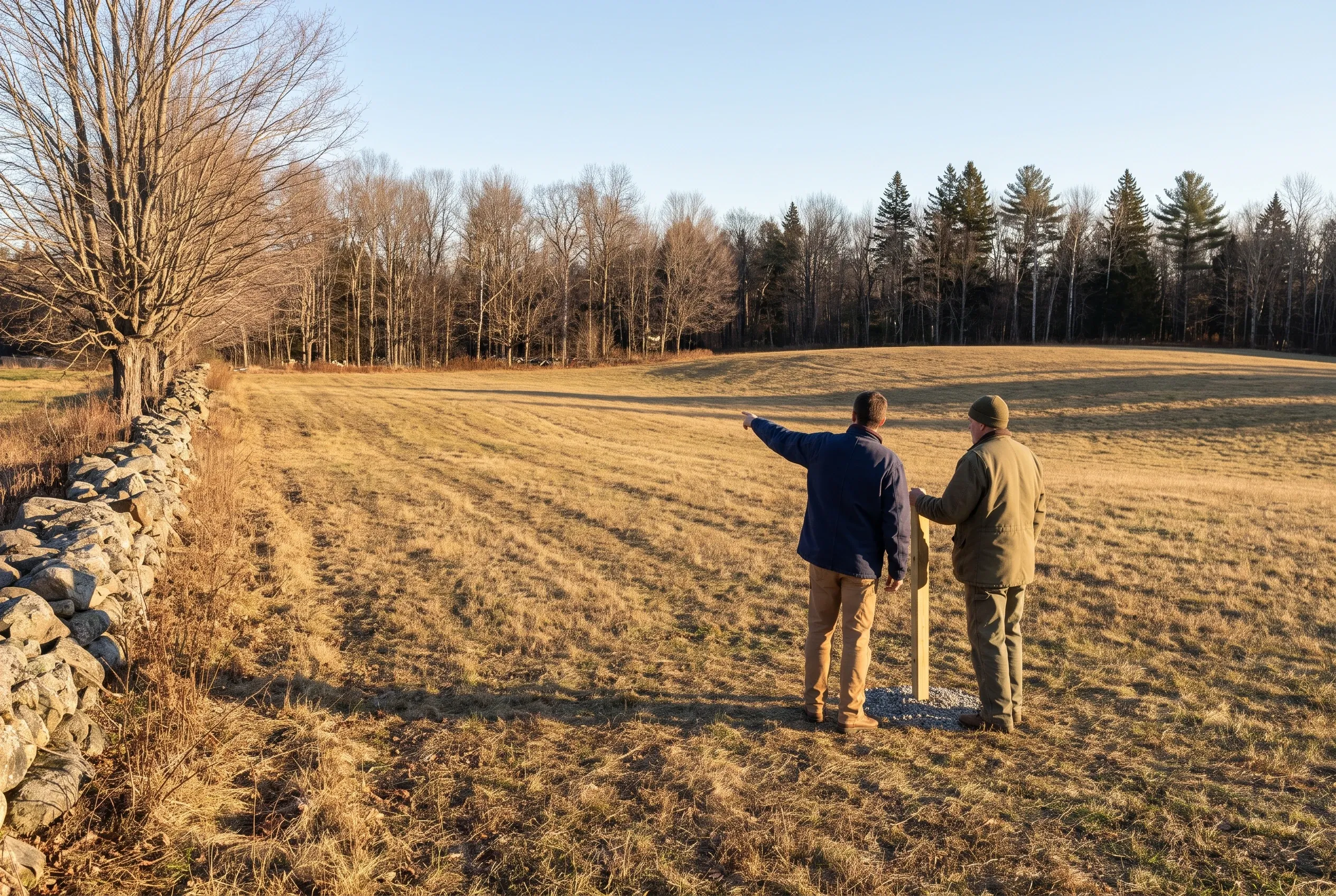 Two people standing in open field in Sidney, Maine: A person in a blue jacket points across a brown harvested field toward evergreen trees in the distance, while another person in tan clothing stands beside them holding a walking stick.