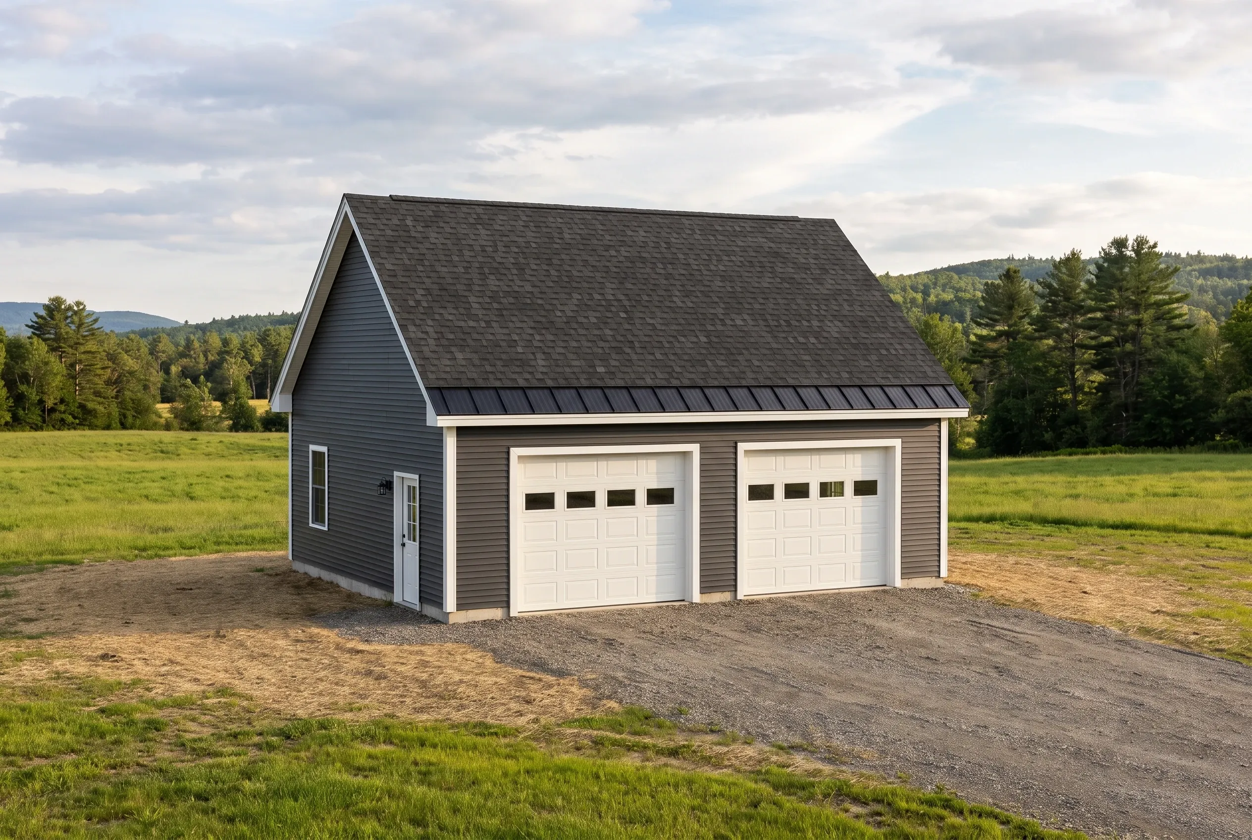 Detached two-bay garage in Somerville, ME: A two-bay garage with dark gray vinyl siding and a dark gray shingled roof sits on a gravel driveway in a rural setting surrounded by green fields and forested hills.