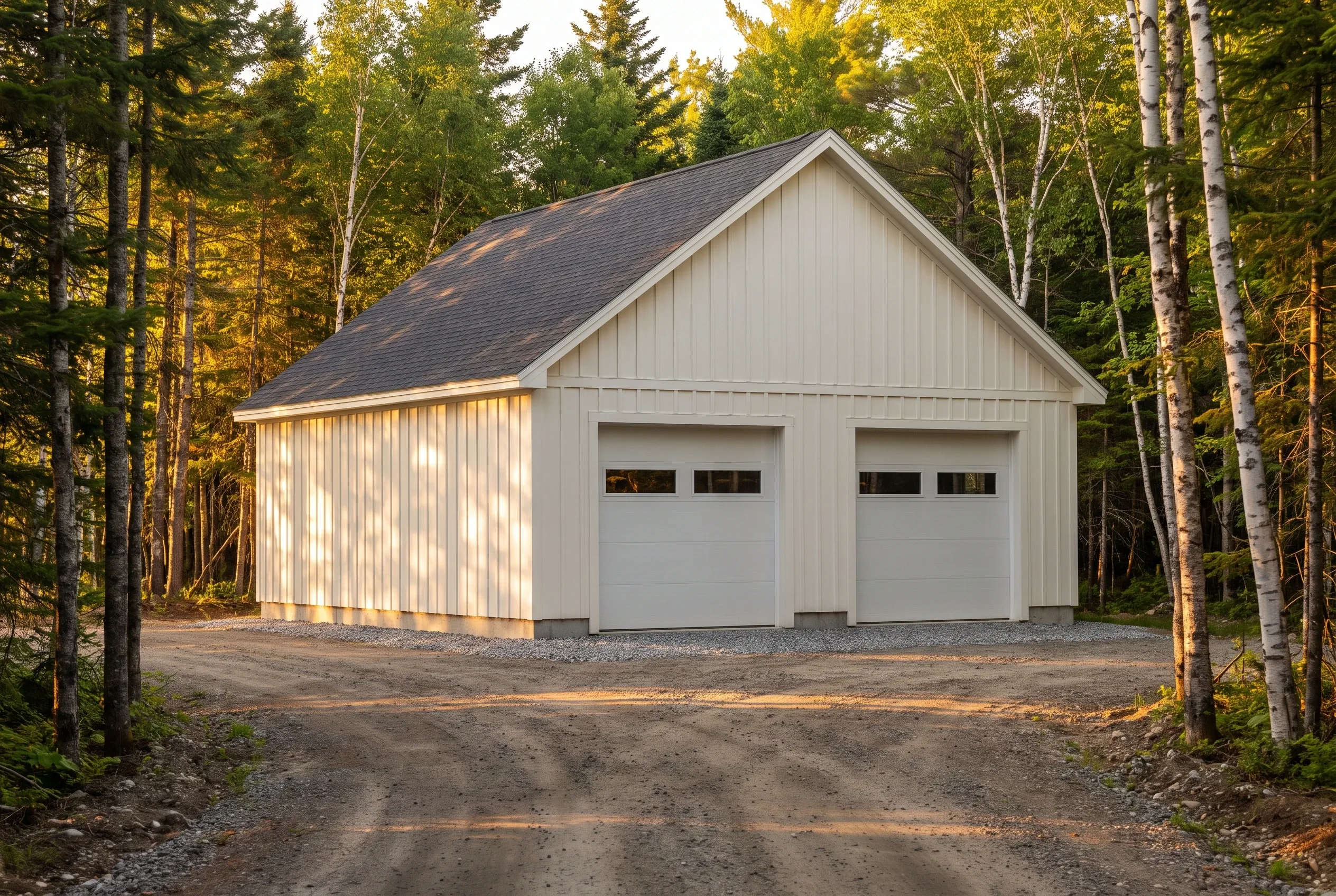 Garage builders in Somerville, ME: Two-bay white garage with gray roof and vertical siding in wooded setting surrounded by trees.