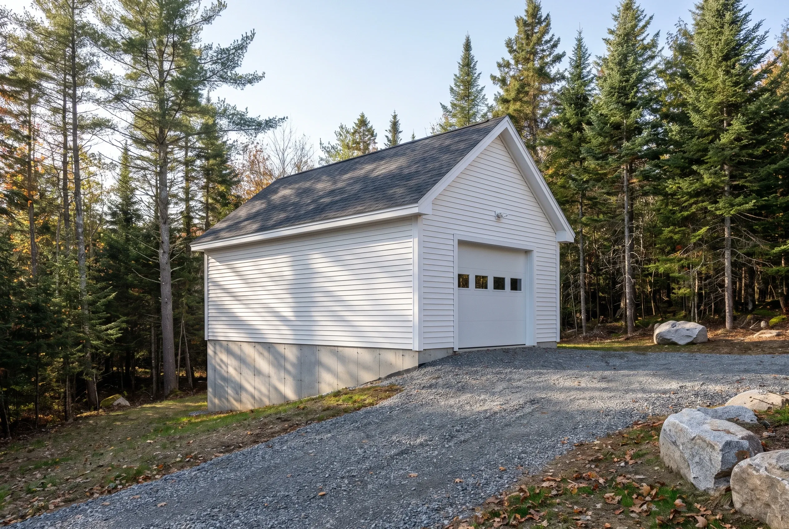 Detached single-bay garage in Somerville, Maine: White vinyl-sided garage with dark shingle roof on gravel driveway surrounded by evergreen forest.