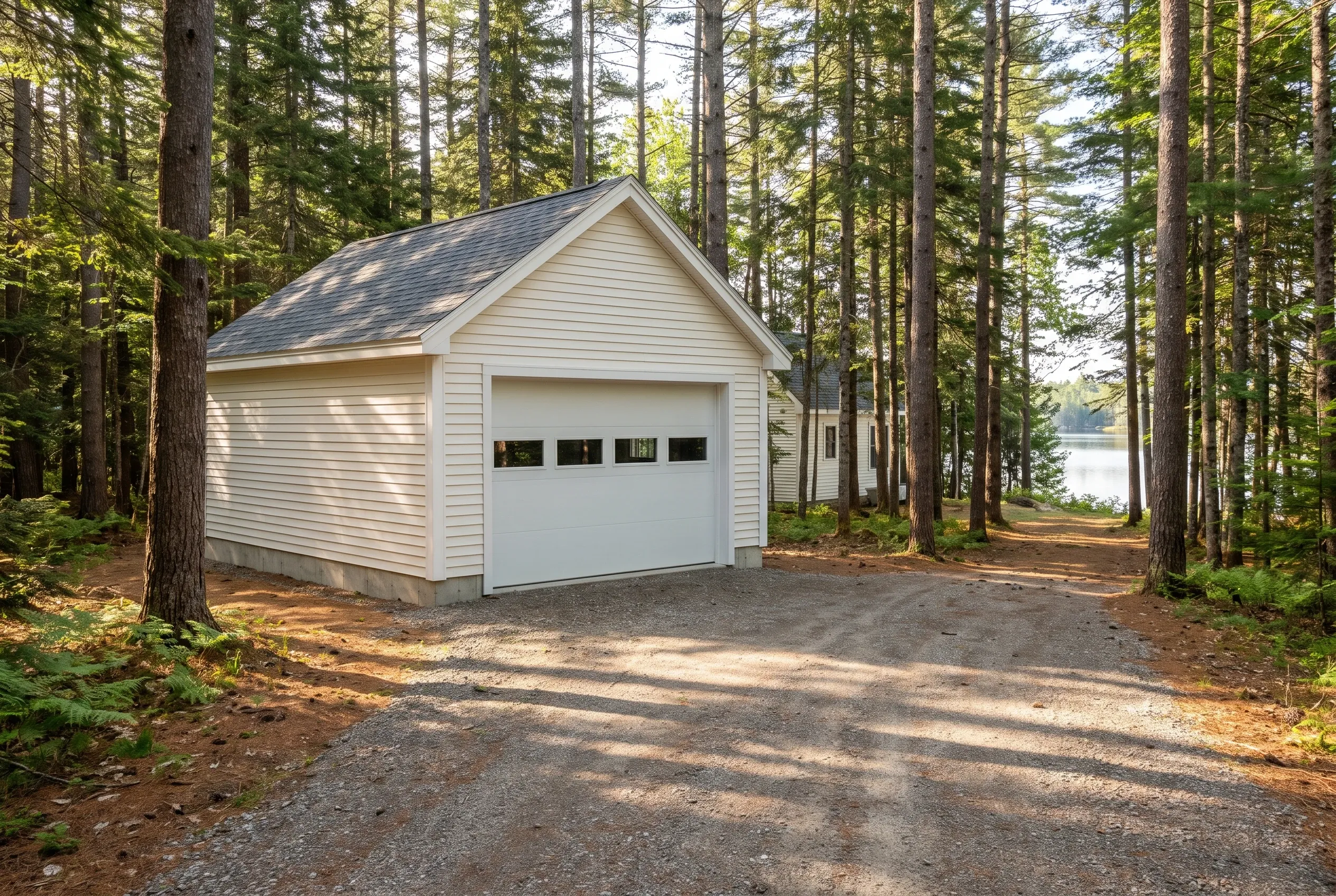 Detached one-bay garage in Somerville, Maine: White vinyl-sided garage with gray shingled roof situated among tall pine trees along a gravel driveway, with a lake visible in the distance.
